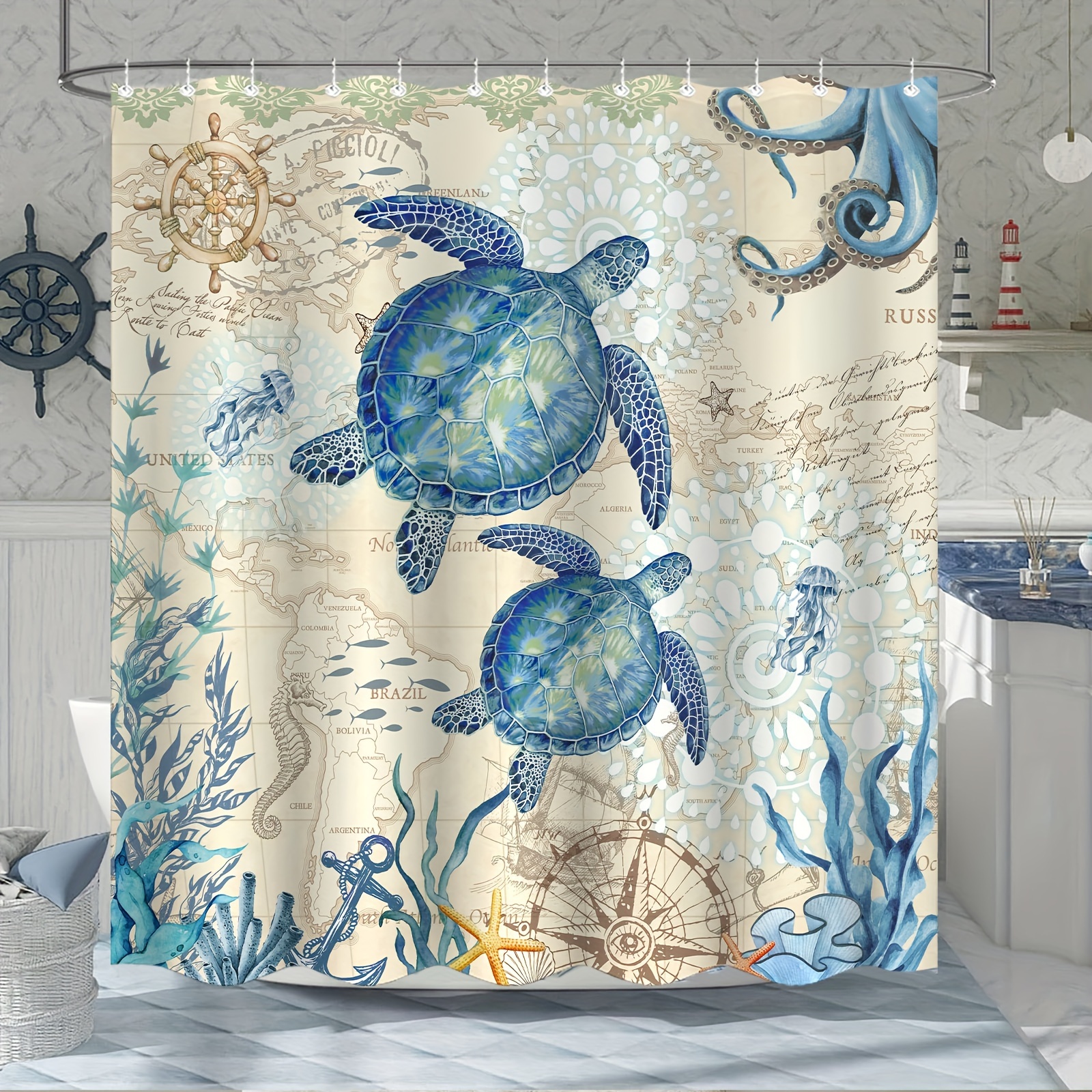 Funny Cat Riding Turtle Shower Curtain Teal Blue Sea Ocean Theme Nautical Shower  Curtain Black White Jellyfish Coral Underwater Shower Curtain Kids Curtains  Waterproof 36x72 with Hooks 