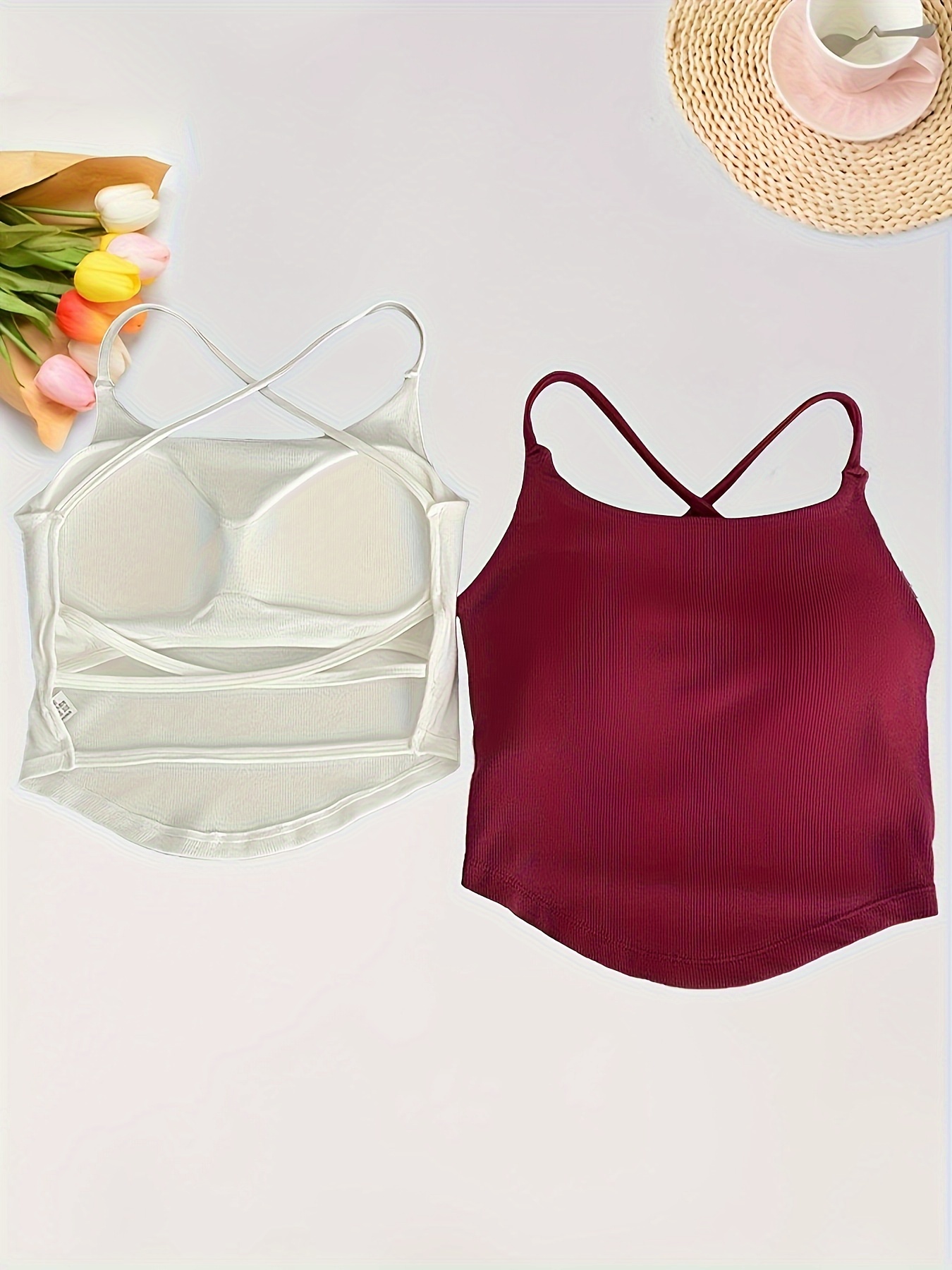 4pcs Ribbed Wireless Cami Tops, Breathable Cross Back No Padding Cami Top,  Women's Lingerie & Underwear