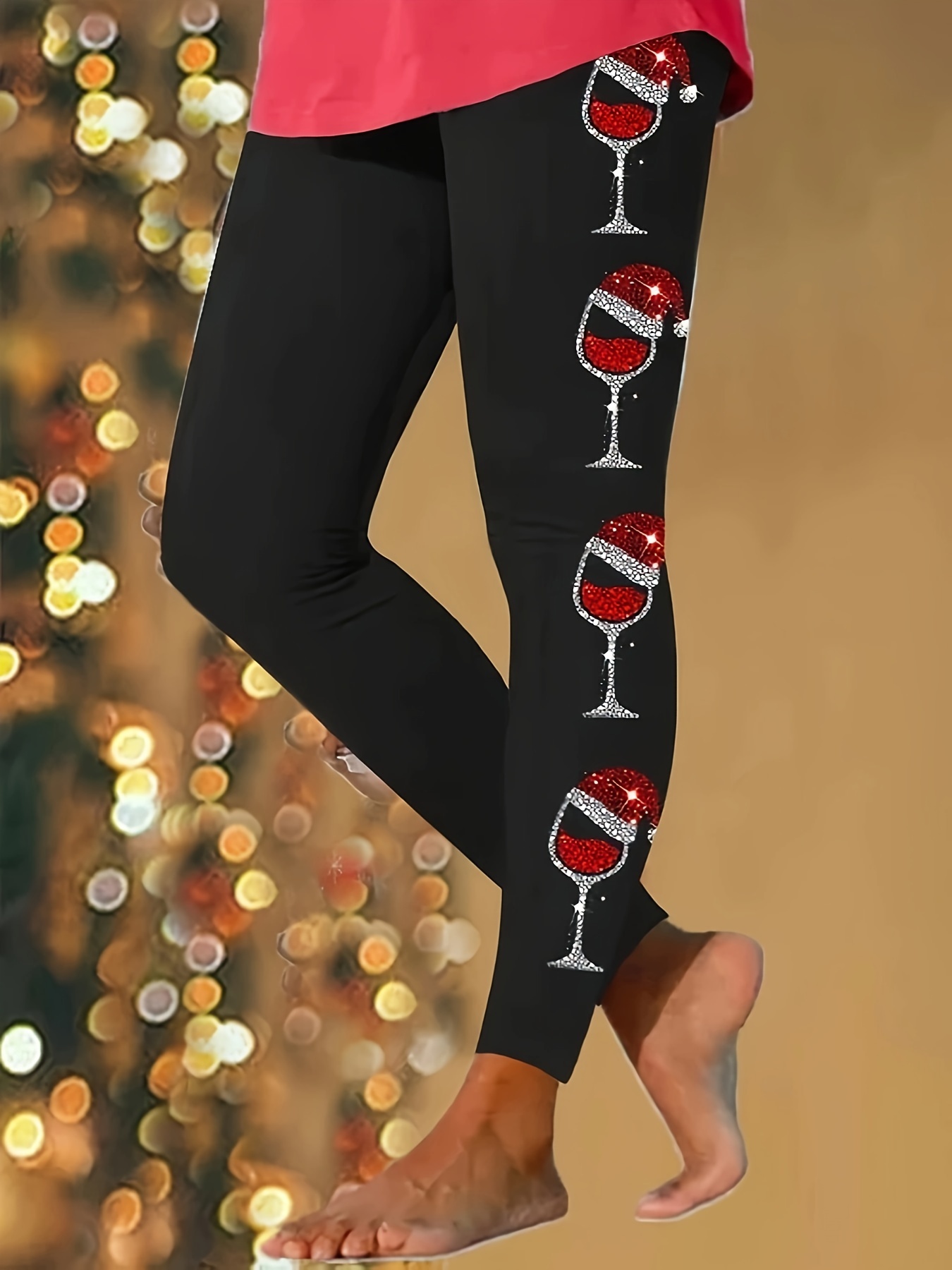 Plus Size Christmas Casual Leggings Women's Plus Wine Glass - Temu