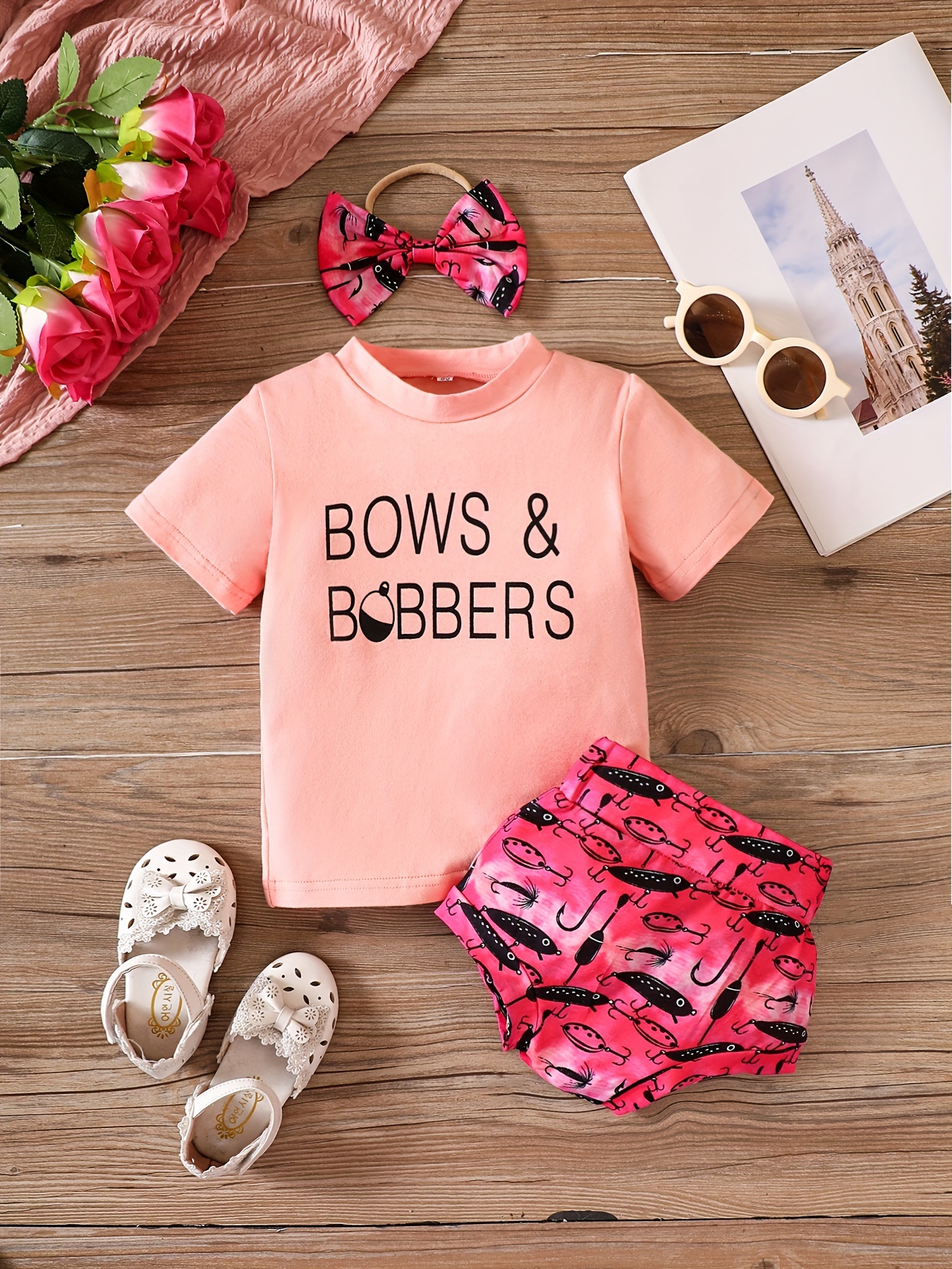 Toddler Baby Girls bows Bobbers Print T shirt Fishing Lure