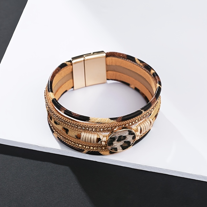 Multilayer Braided Leopard Print Magnetic Button Leather Bracelet