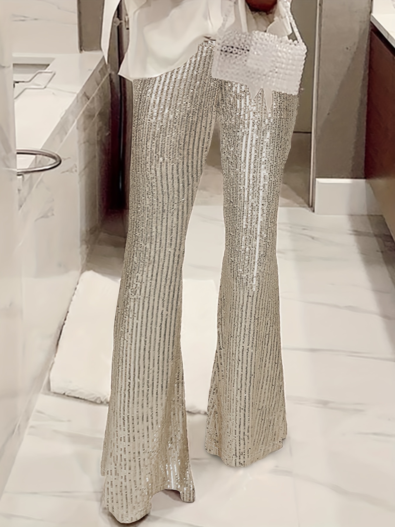 Glitter Sequin Flare Leggings Casual High Waist Fashion - Temu Japan