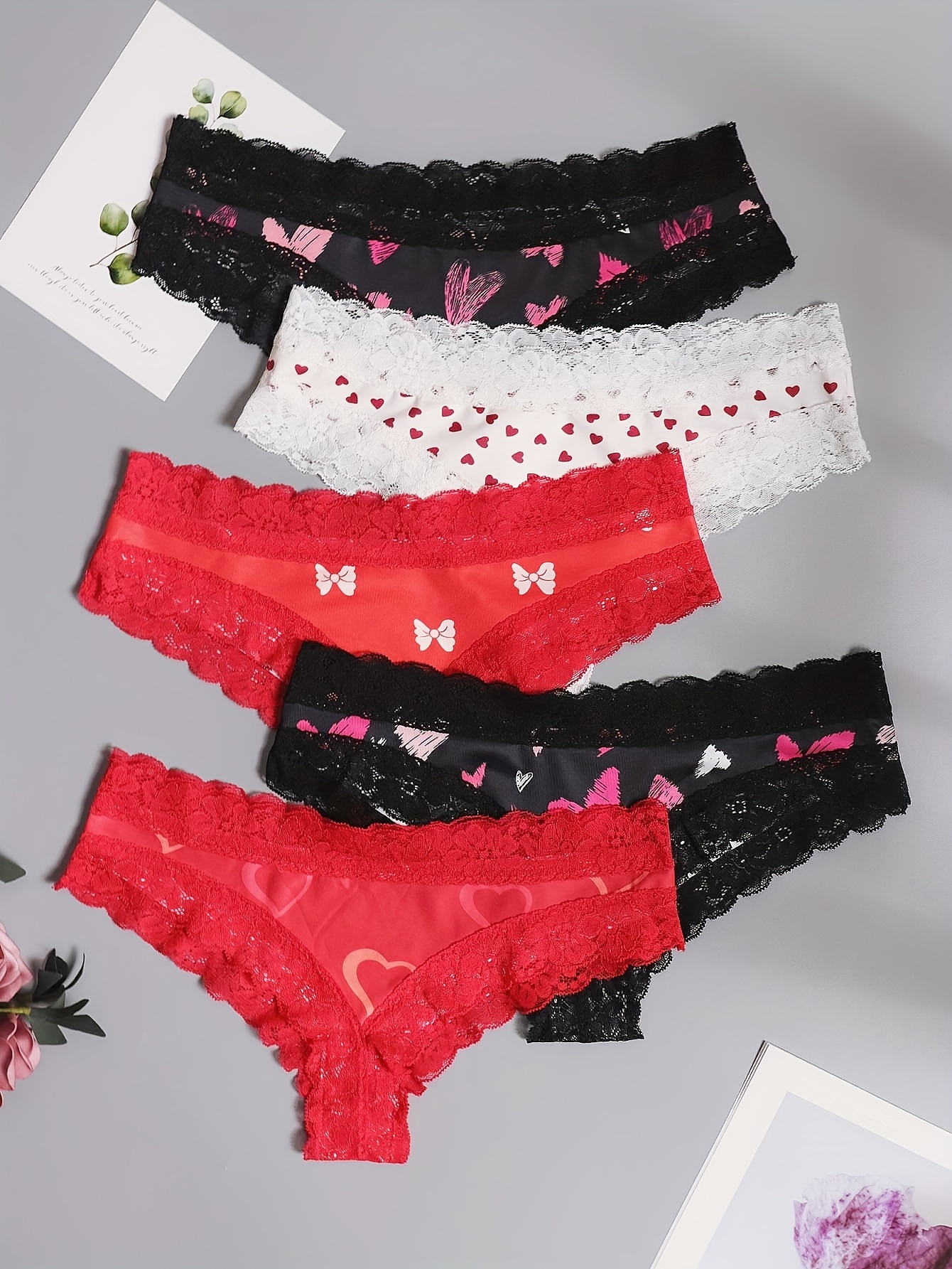 3 Pack Plus Size Cute Underwear Set, Women's Plus Heart Print Contrast Lace  Medium Stretch Cheeky Panty Three Piece Set