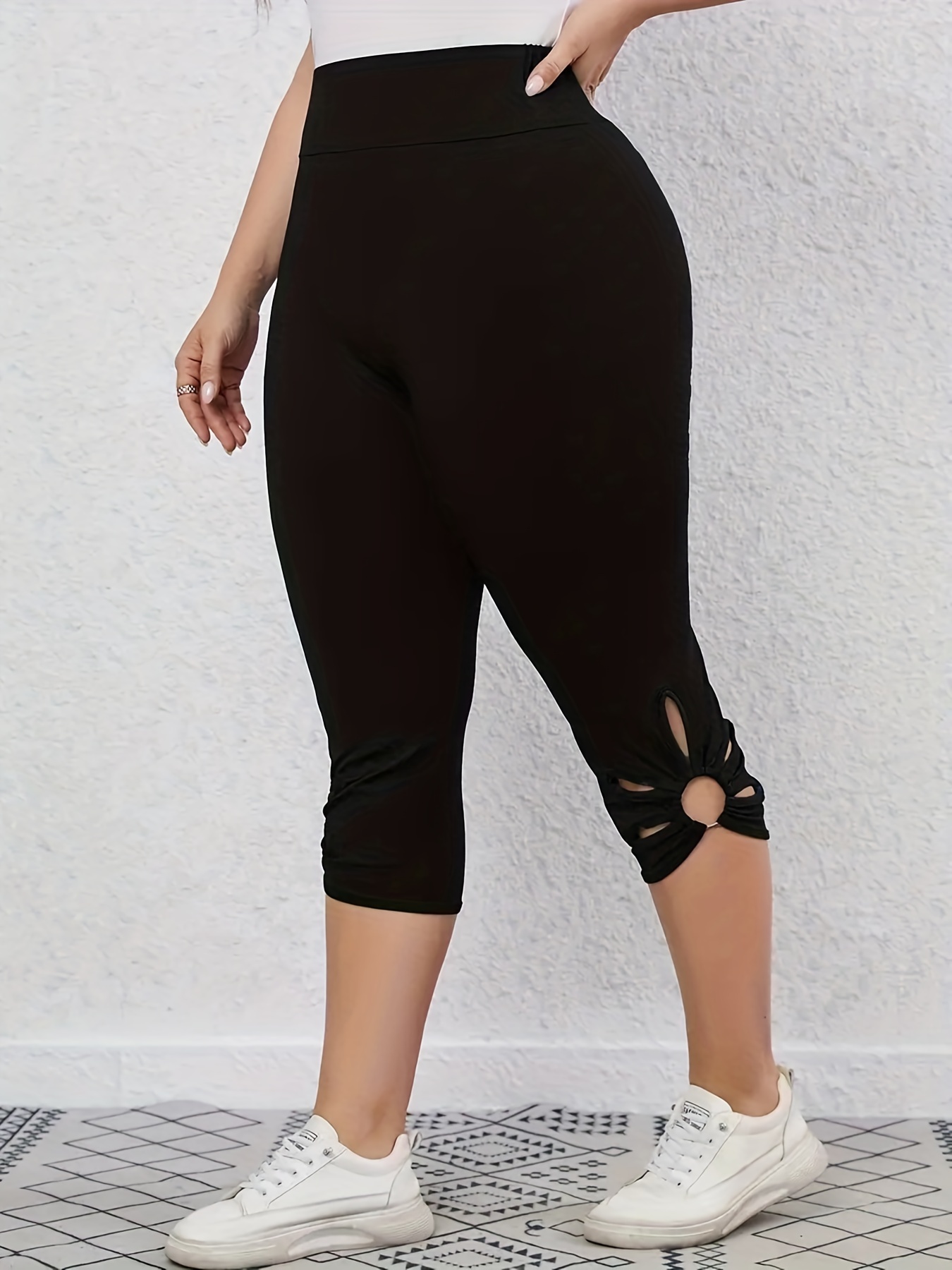 Solid Lace Stitching Capris Leggings, Casual Crop Leggings For Spring &  Summer, Women's Clothing