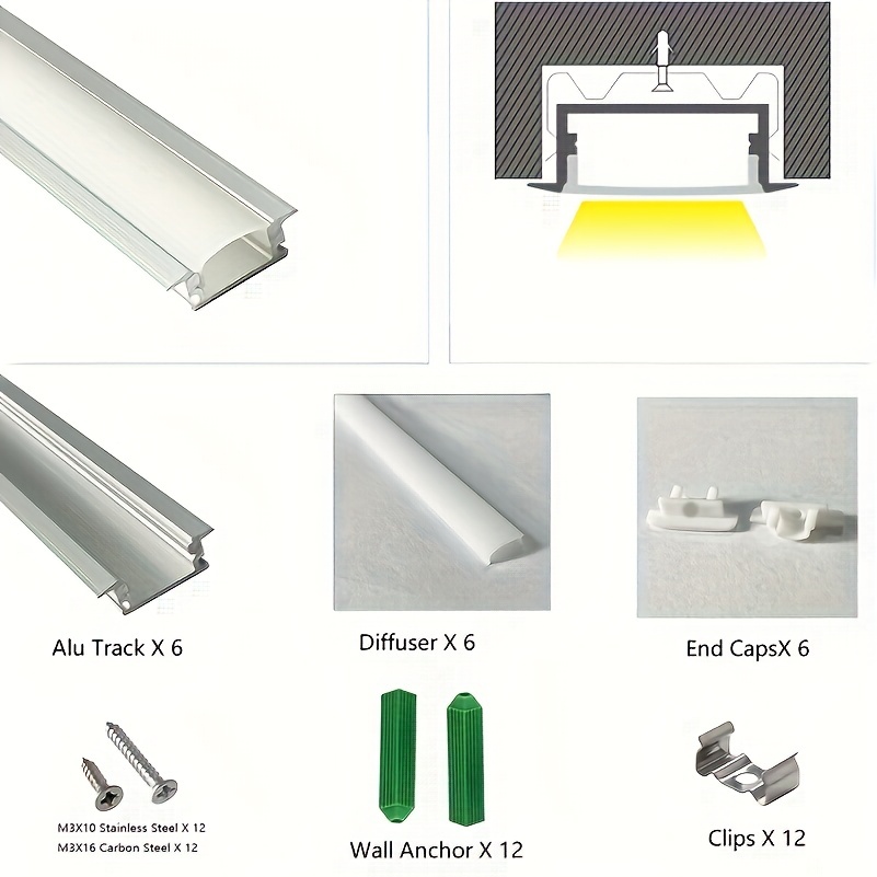 Difusor de canal en U de tira LED, paquete de 10 unidades de 6.56 pies,  0.669 x 0.295 in, cinta de aluminio montada en superficie, riel de aluminio