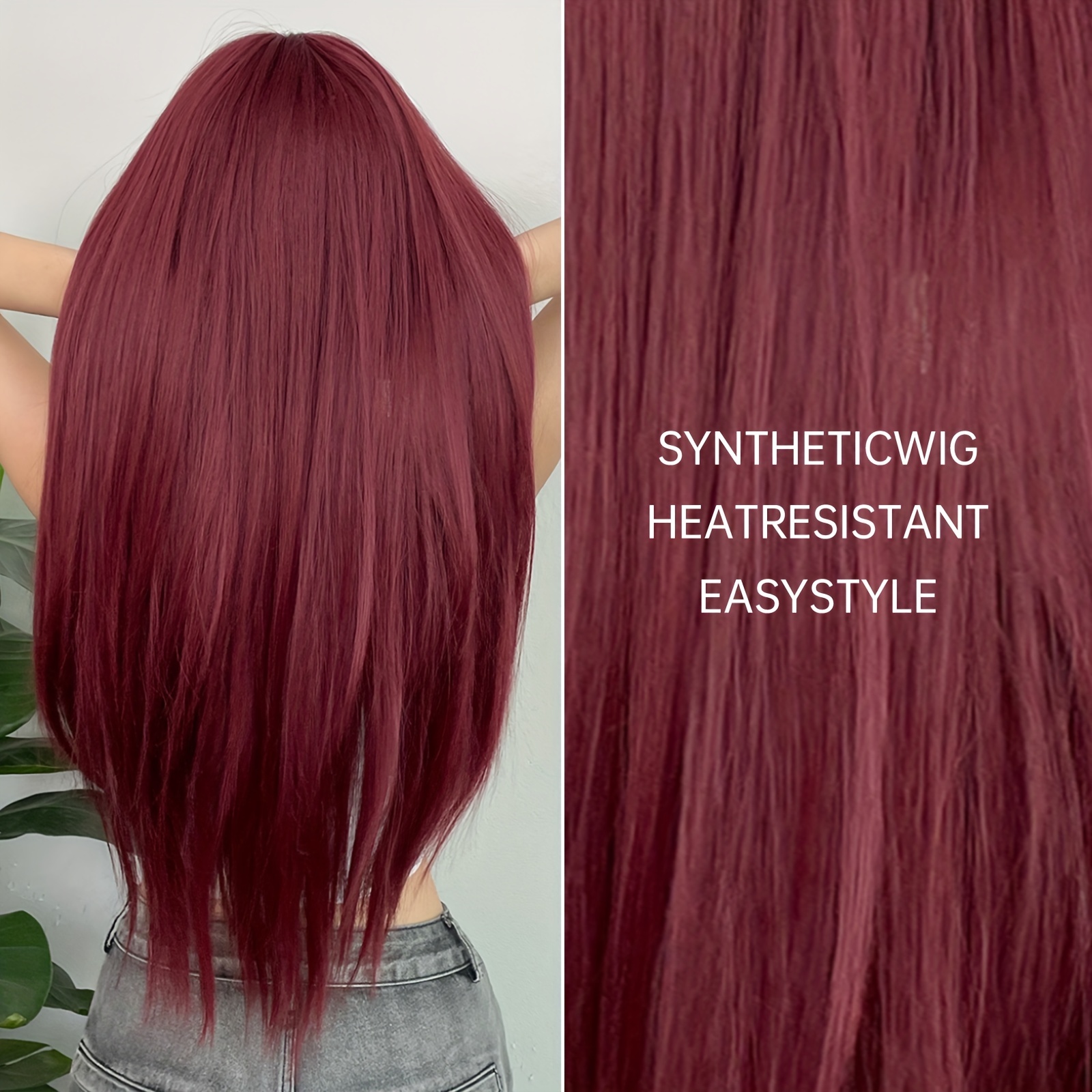 Wine Red Long Straight Synthetic Wigs Bangs Women Girls Temu