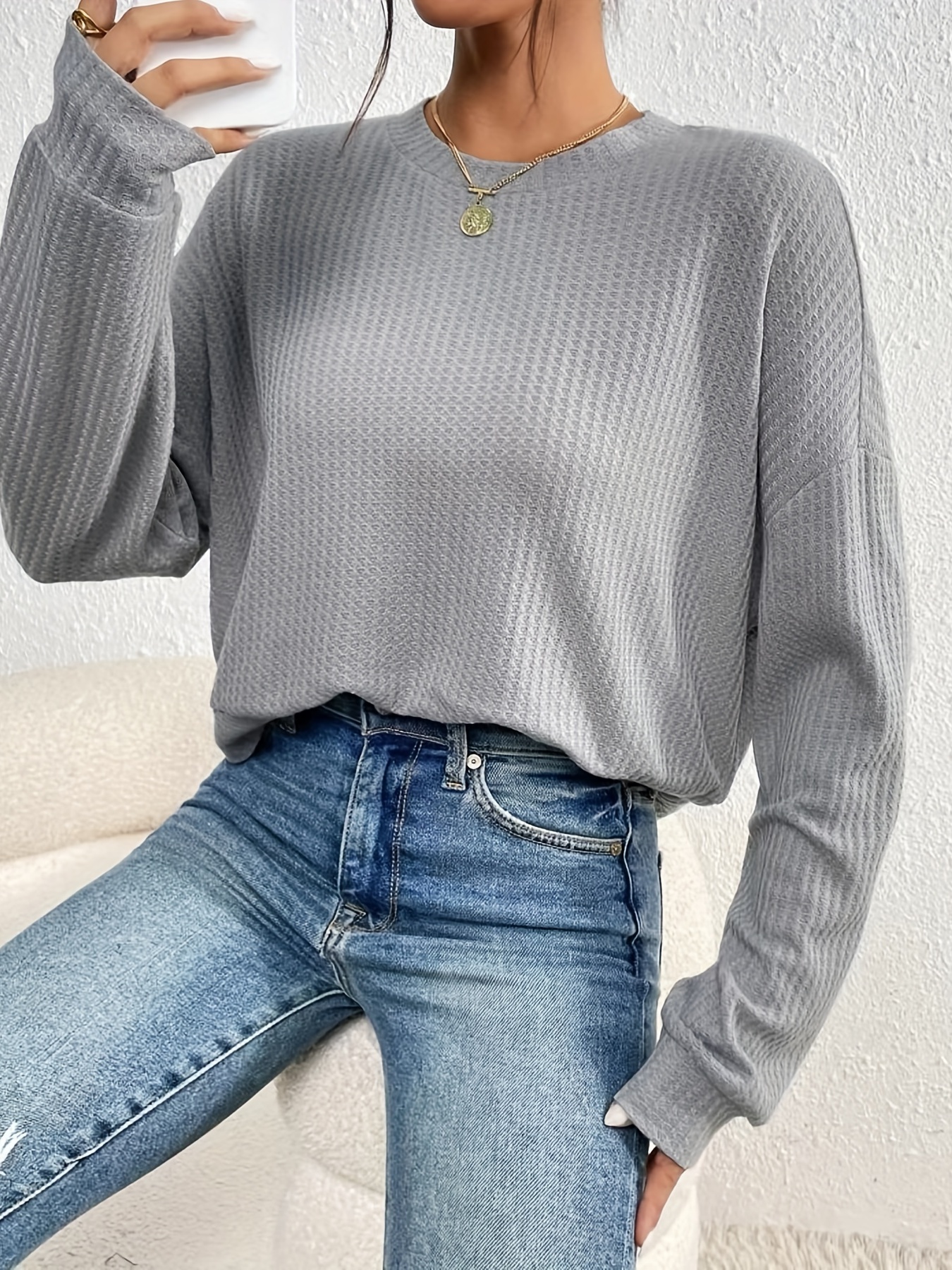 waffle knitted pullover sweater casual long sleeve crew neck sweater womens clothing details 2