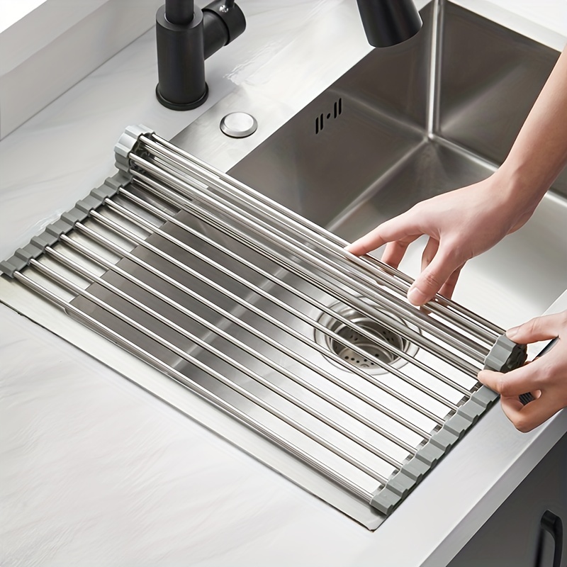 Roll Up Dish Drying Rack - Stainless Steel and Silicone Dish Drying Mat  Over the Sink Foldable Drain Rack Multipurpose Dish Drainer 