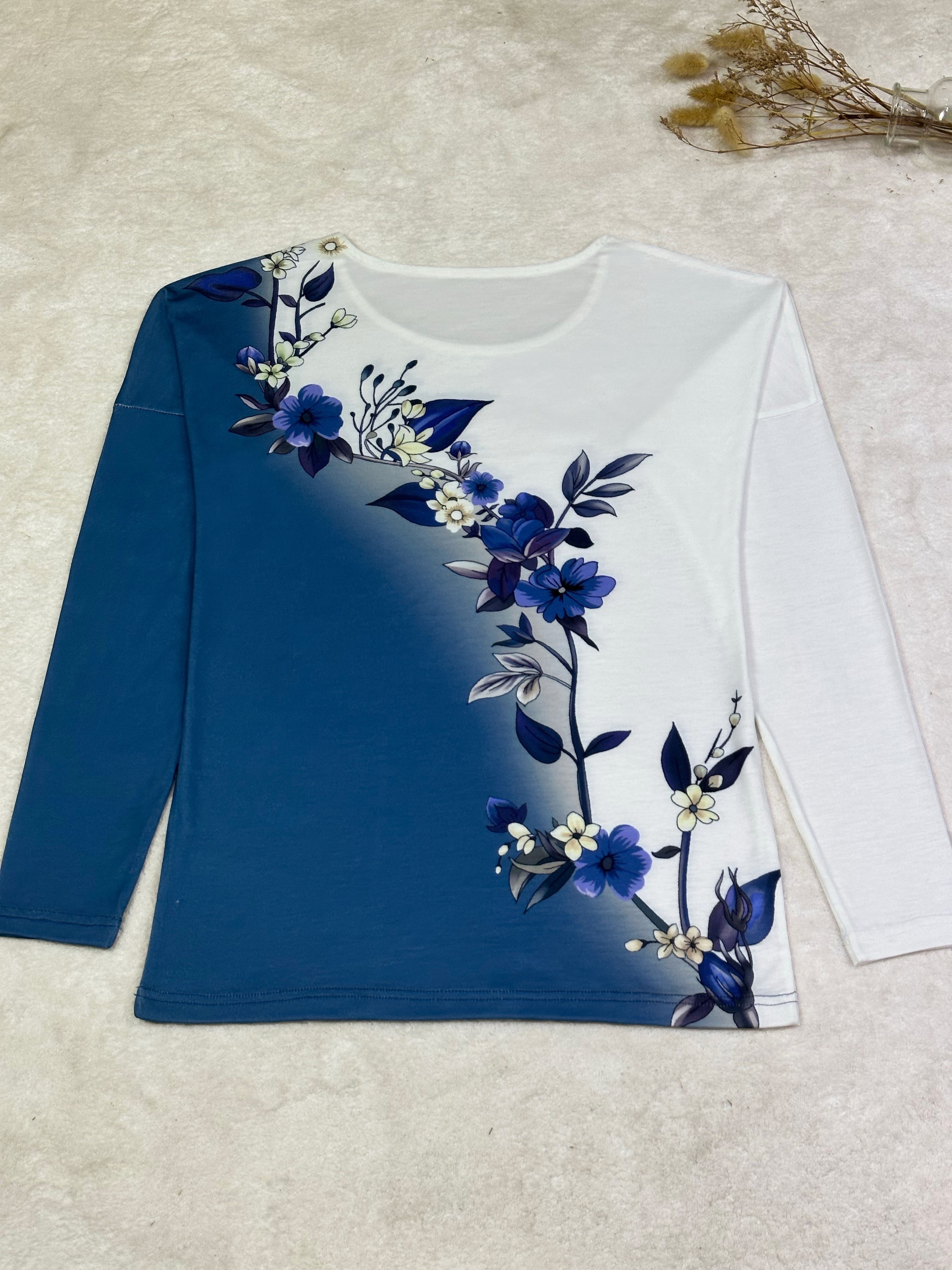 XFLWAM Womens Tops Long Sleeve Color Block Floral Shirt Casual