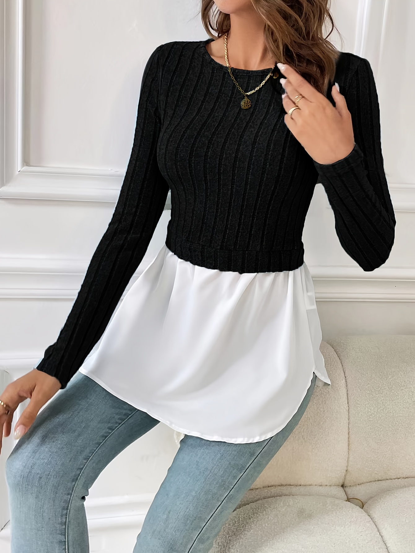 2 In 1 Ribbed Paneled Crew Neck T-Shirt, Casual Long Sleeve Top For Spring  & Fall, Women's Clothing