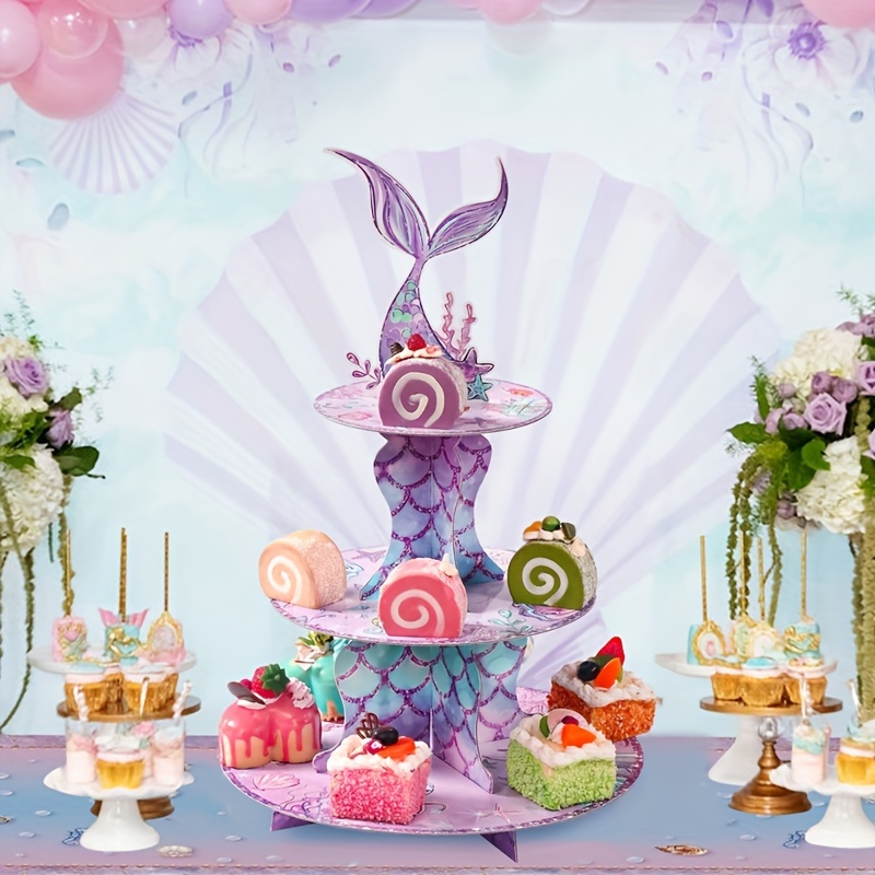 

1pc, Paper Cake Stand, Mermaids Theme Cake Stand, Birthday Party Decoration Three-layer Paper Cupcake Tray Table Centrepiece Purple Cake Stand
