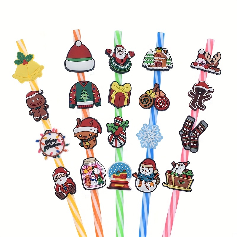 20PCS PVC Straw Topper Christmas Series Reusable Straw Charms