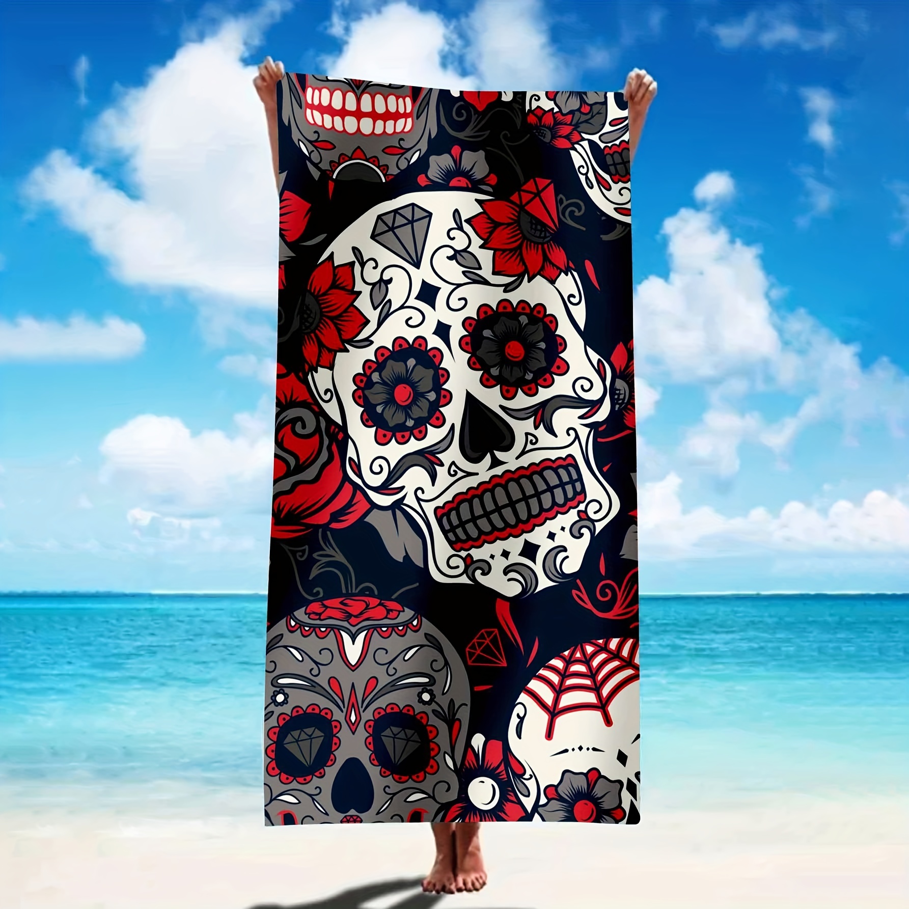 Microfiber Beach Towel Large Absorbent Calavera & Flower Print
