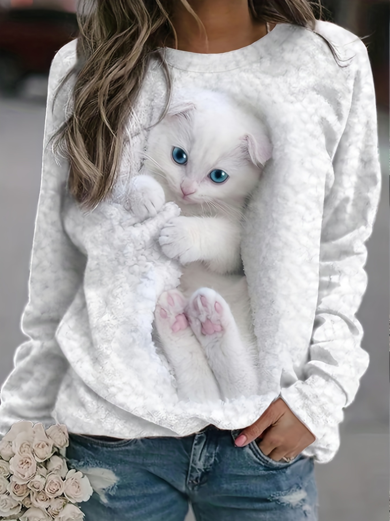 かわいい猫プリントプルオーバースウェットシャツ、秋と冬のための
