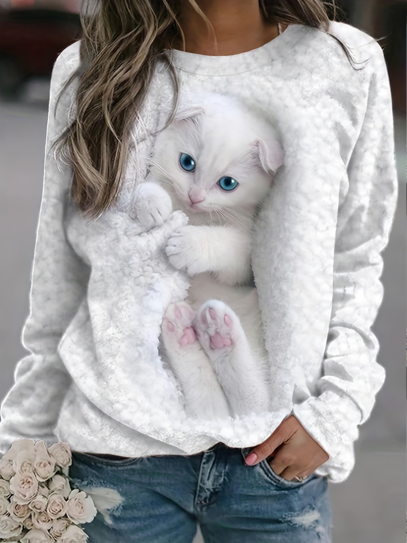 Cute Cat Print Pullover Sweatshirt, Casual Long Sleeve Crew, 56% OFF