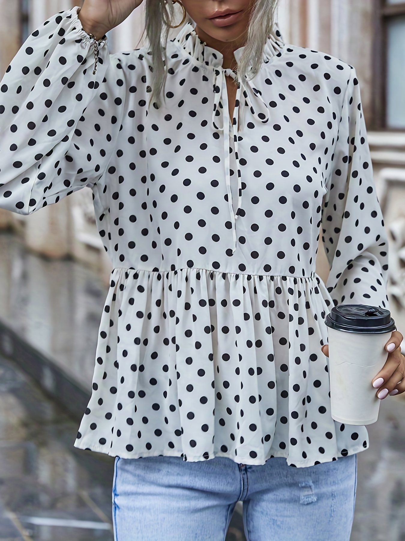 POLKA DOT SHIRT WITH RUFFLES - Black / White