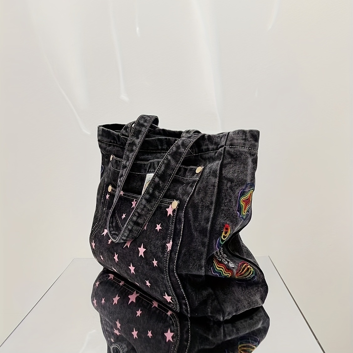 Women Denim Shoulder Bag Y2k Embroidered Tote Bag with Fringe Star