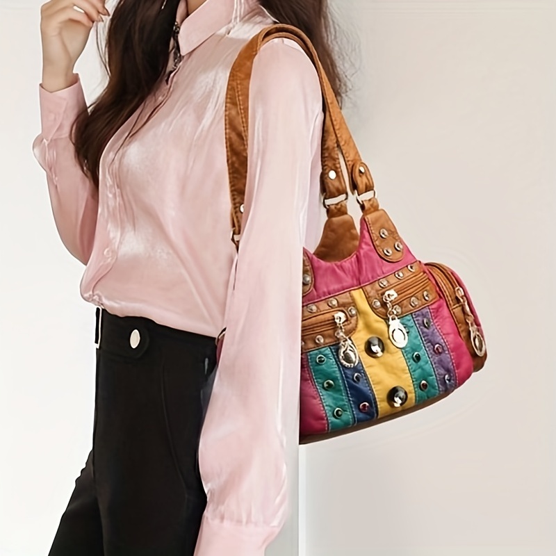 pu color stitching shoulder bag rivets decor hobo bag all match pu leather purse for women details 2