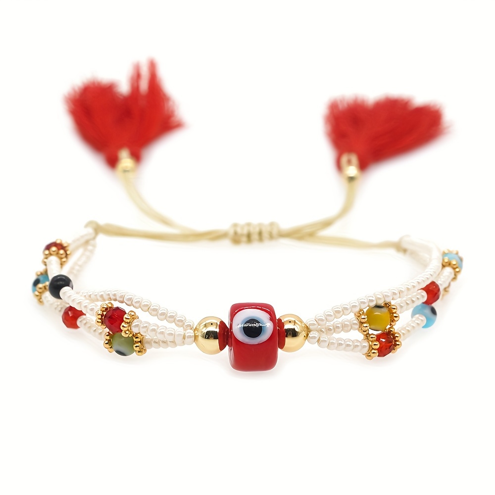 E-shop 1 Stück Damen Armband Boho-Stil Mehrschichtiges Handgefertigtes Perlenarmband mit Fransen und Teufelsauge – Perfekter Schmuckgeschenk für