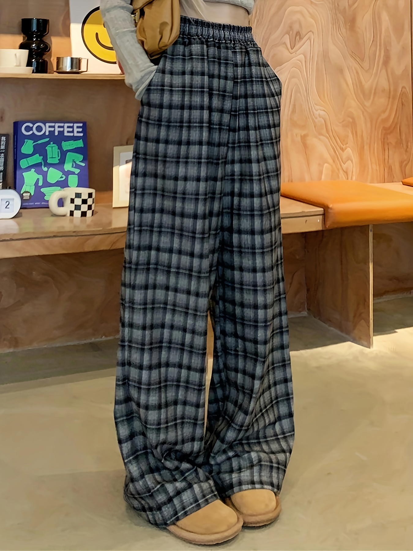 Plaid Print Straight Leg Pants Casual Loose Elastic Waist - Temu