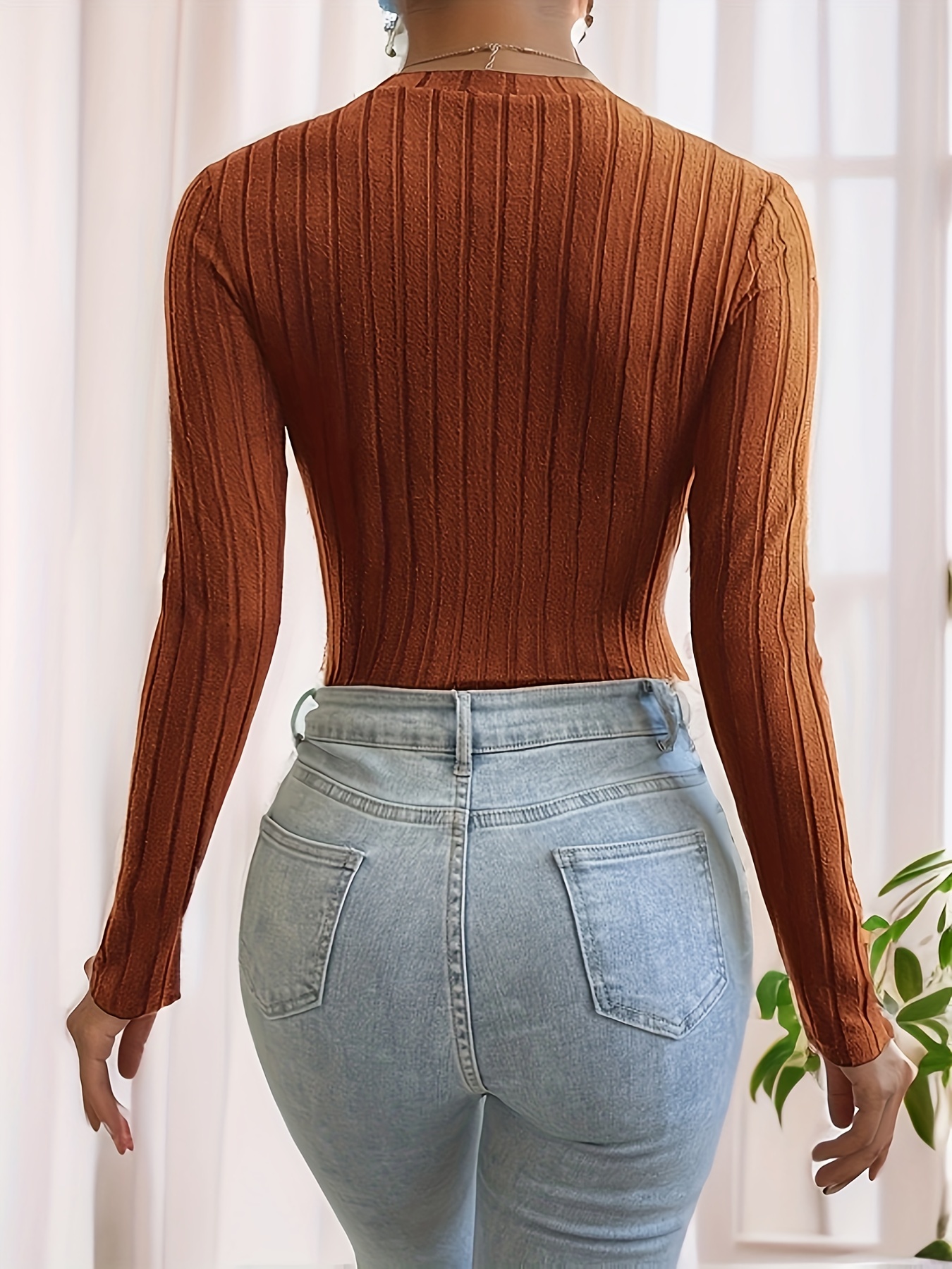 Womens Long Sleeve Rib Knit Bodysuit Round Neck Solid Color Sexy