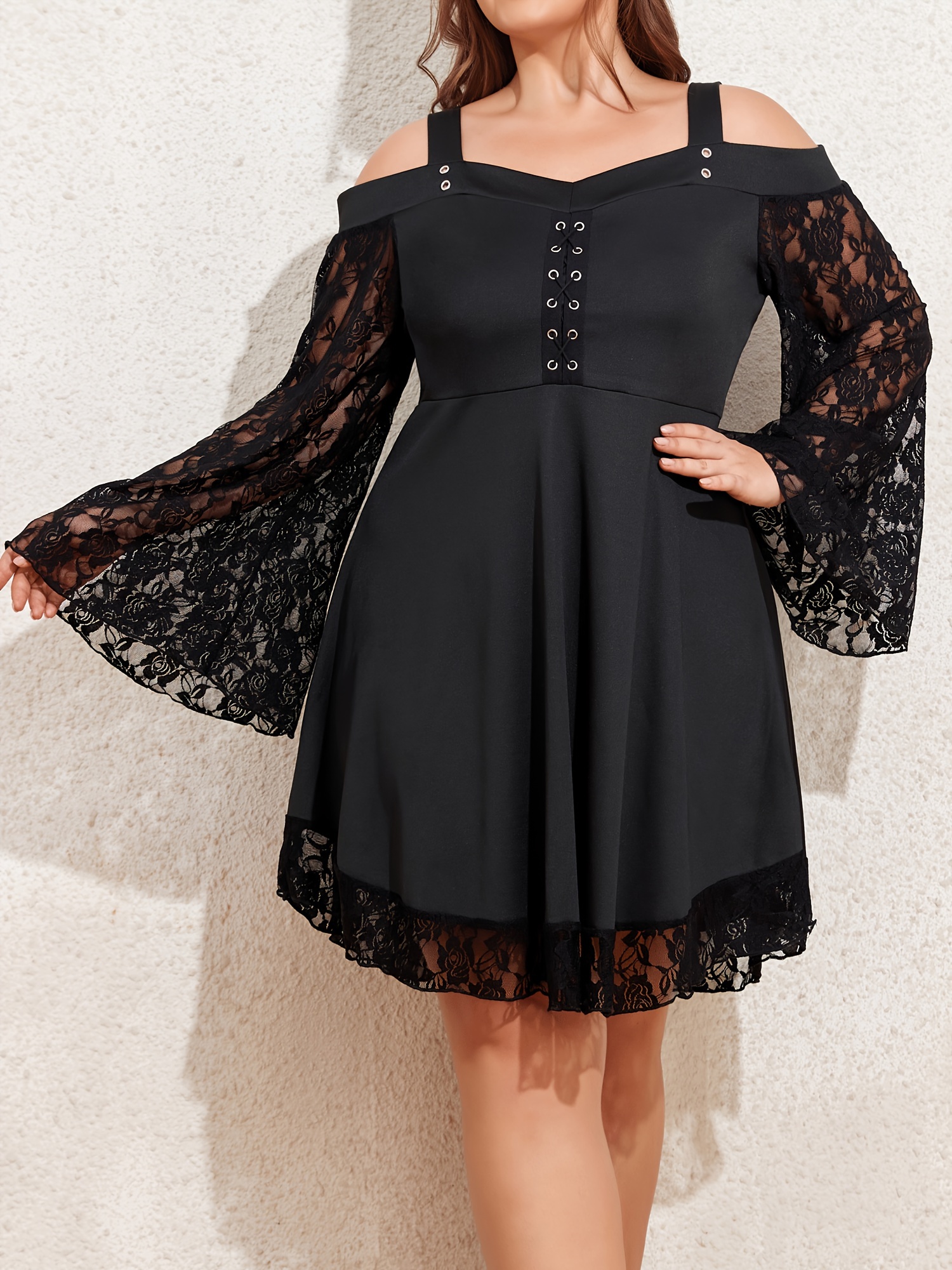 Gothic Contrast Lace Solid Dress Gothic Flared Sleeve Maxi - Temu