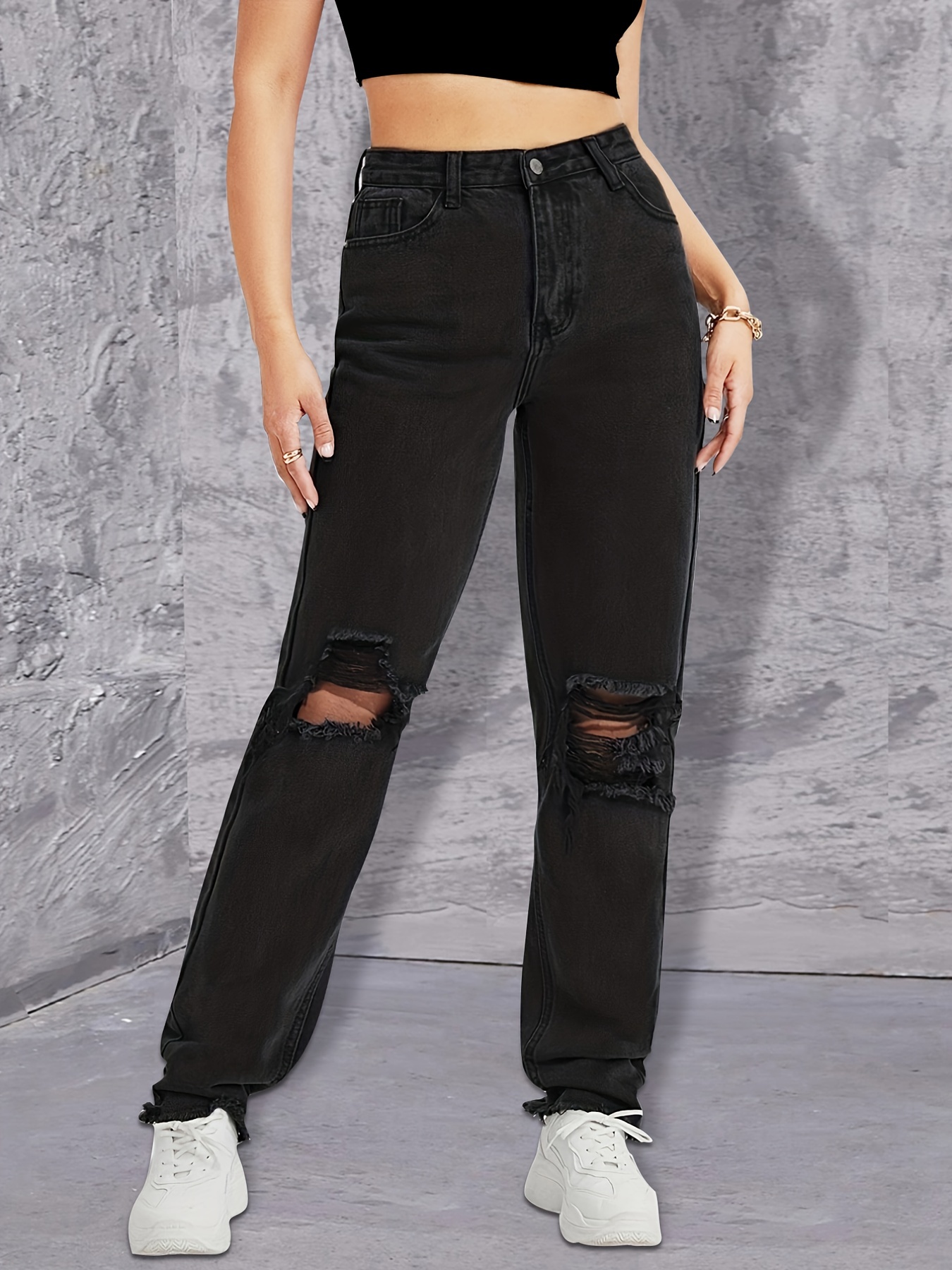 Cow Print Patched Straight Jeans Slash Pockets High Waist - Temu