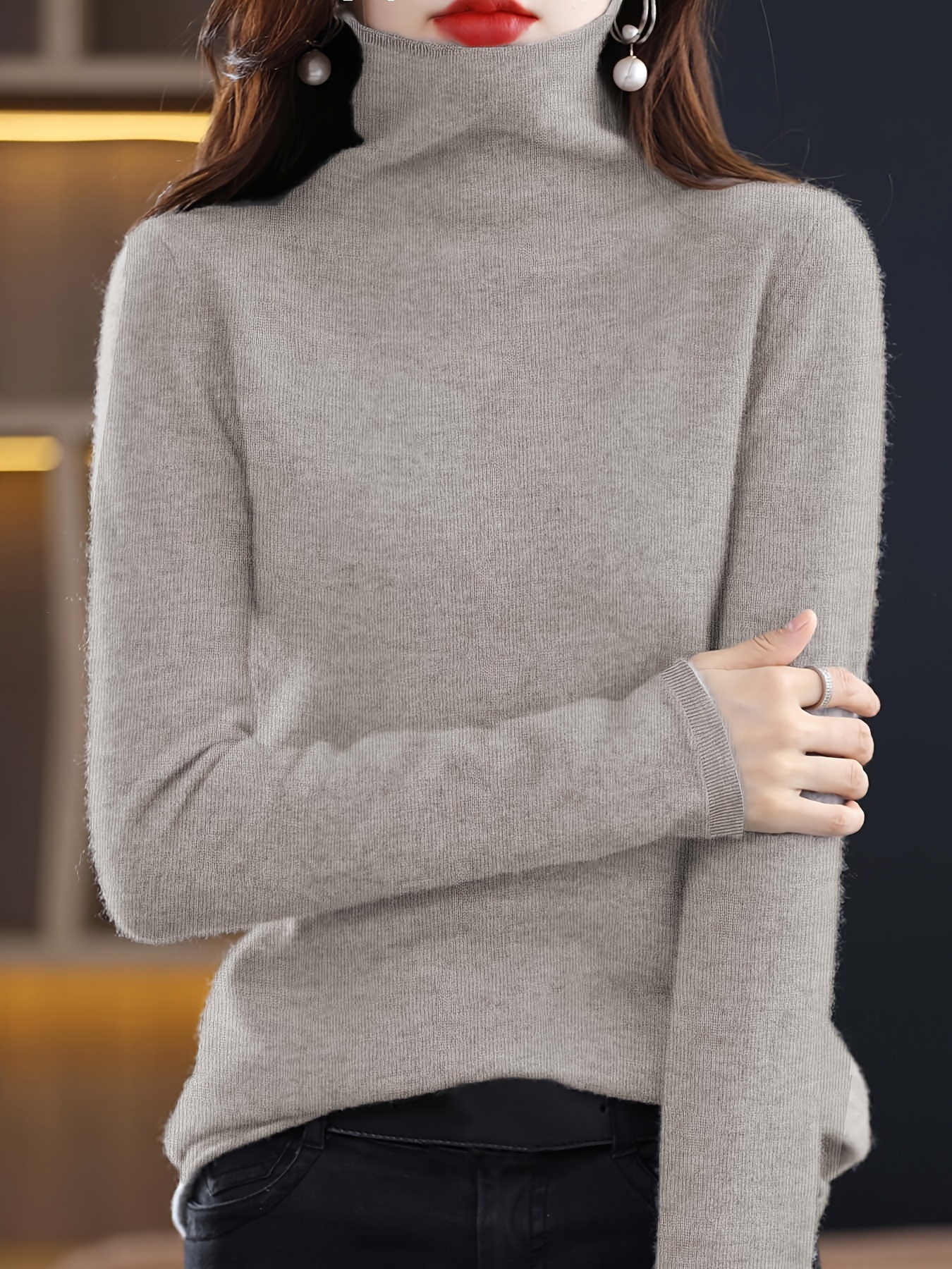 Jersey Cuello Alto Sólido Suéter Casual Manga Larga Ropa - Temu