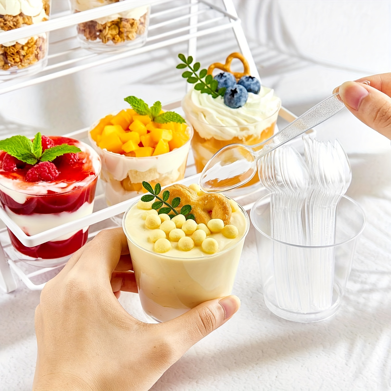 100 Mini Plastic Dessert Cups with Spoons - 4 oz Round Dessert