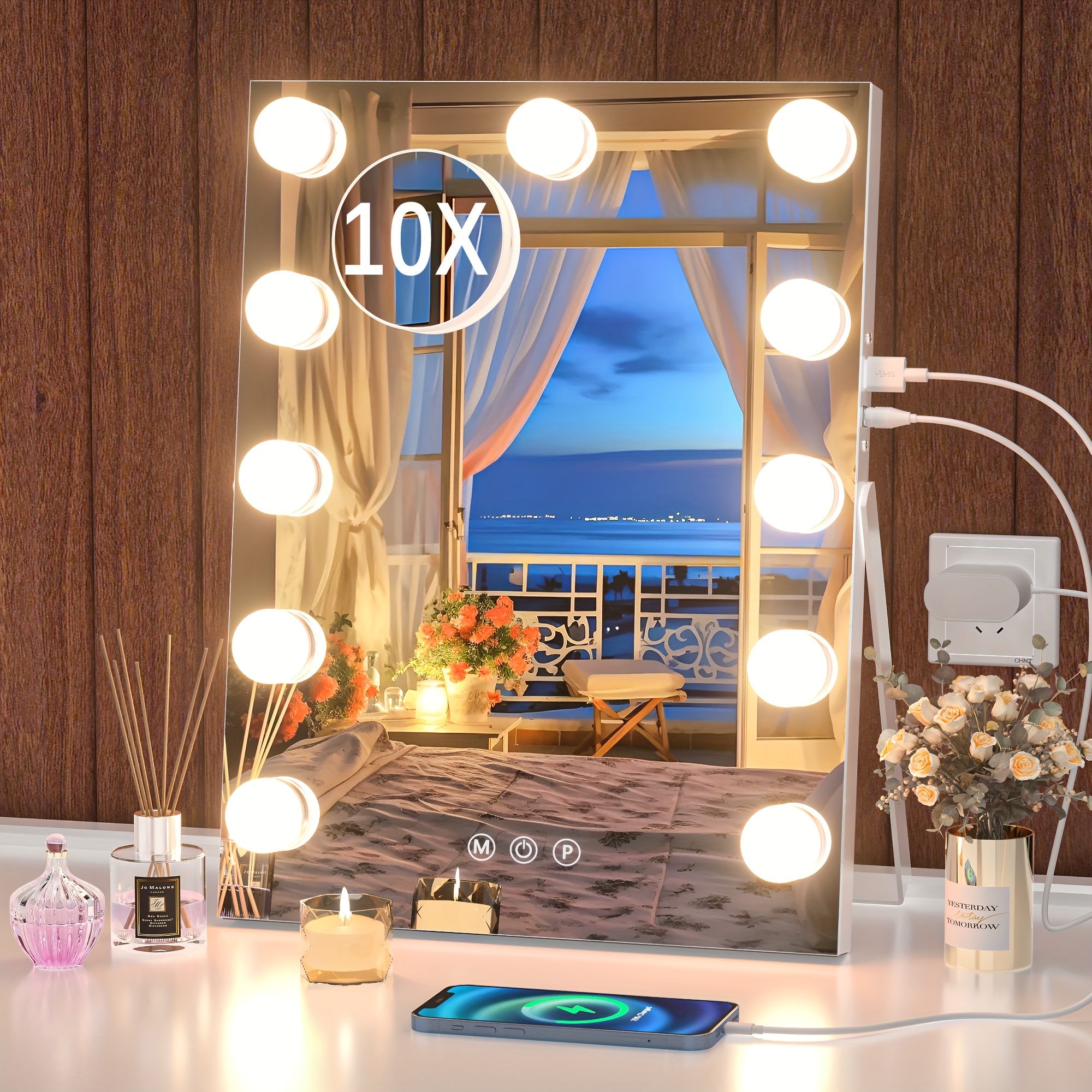 Espejo de tocador con luces, espejo de maquillaje iluminado con 15  bombillas LED regulables, 3 modos de iluminación de color, puerto de carga  USB
