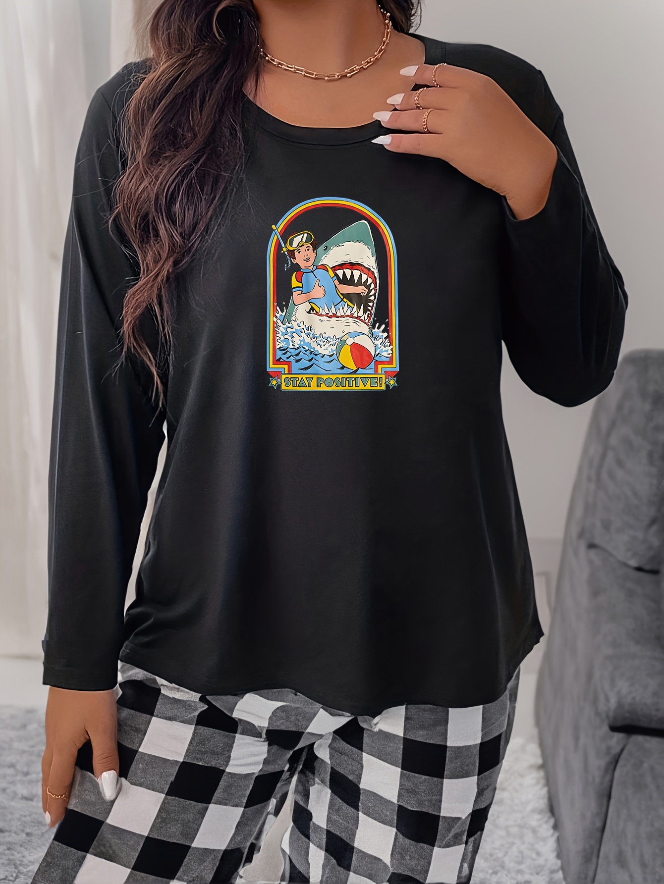 Horror Shark Graphic Print Long Sleeve Home Wear Tee