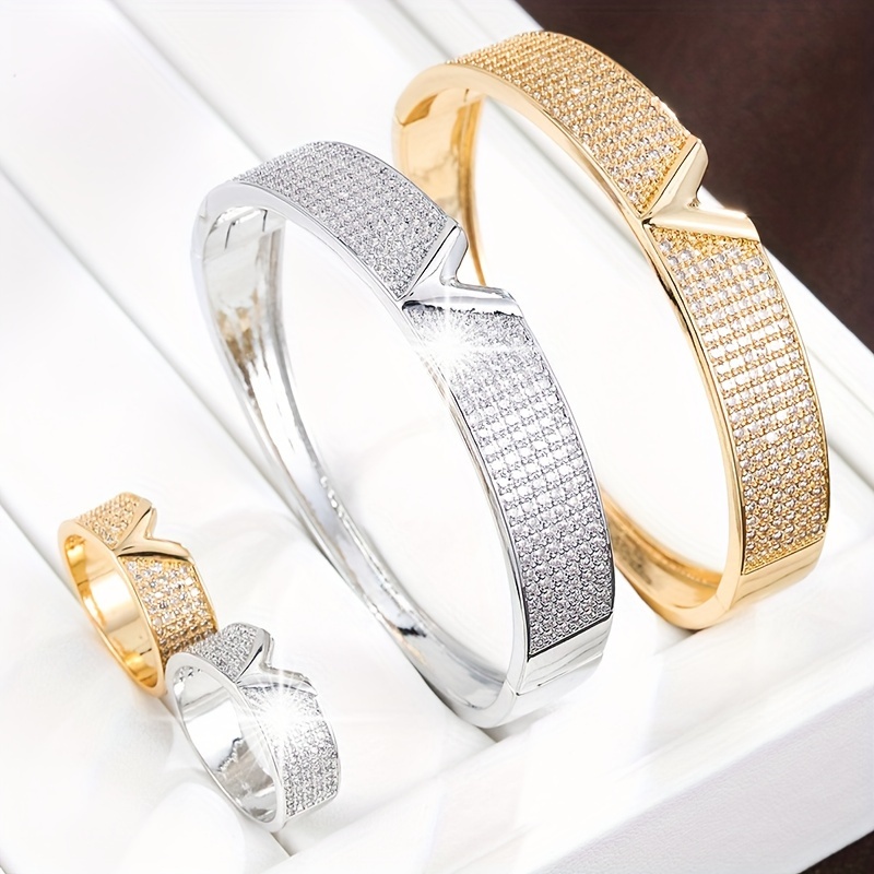 

1 Bangle + 1 Ring Chic Jewelry Set Trendy V Shape Design Paved Shining Zirconia Golden Or Silvery Make Your Call Suitable For Men And Women Gifts For Eid