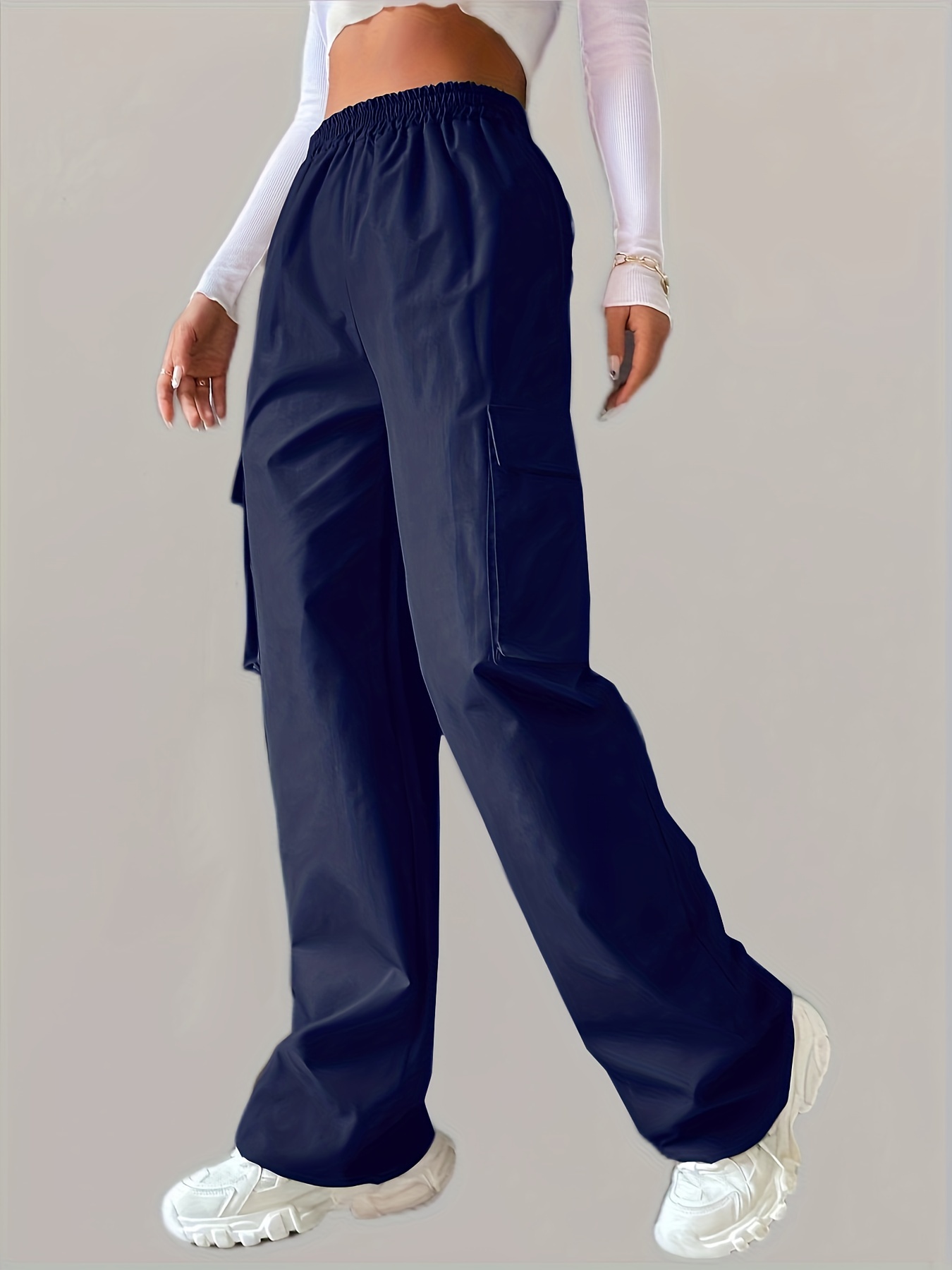 solid elastic waist pants casual long length wide leg cargo pants with pockets womens clothing