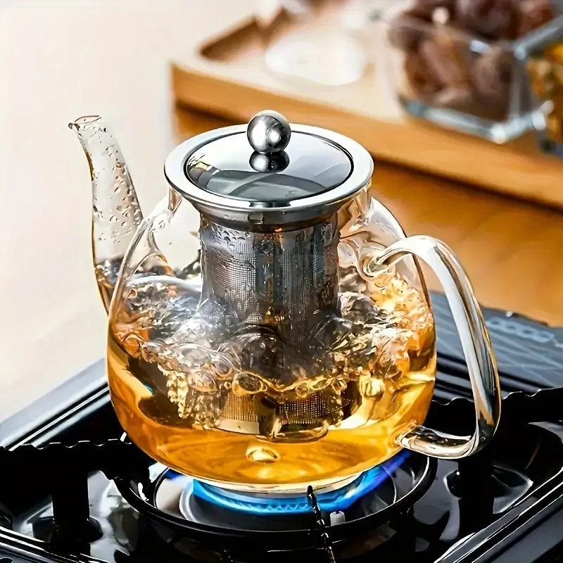 1pc 33.81oz Stainless Steel Leak-proof Long Spout Glass Teapot, Thickened  And Heat-resistant For Home And Office Use, For Boiling Water And Brewing Te