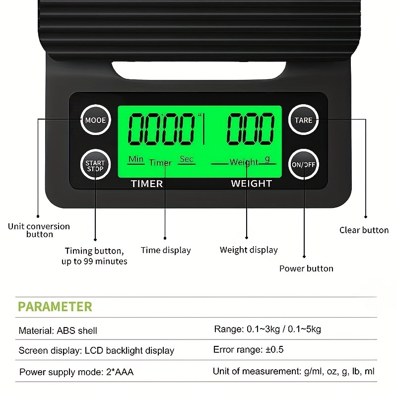 Coffee Digital Scale with Timer, High Accuracy Kitchen Food Scale with Tare  Function, 6.6LB/3KG