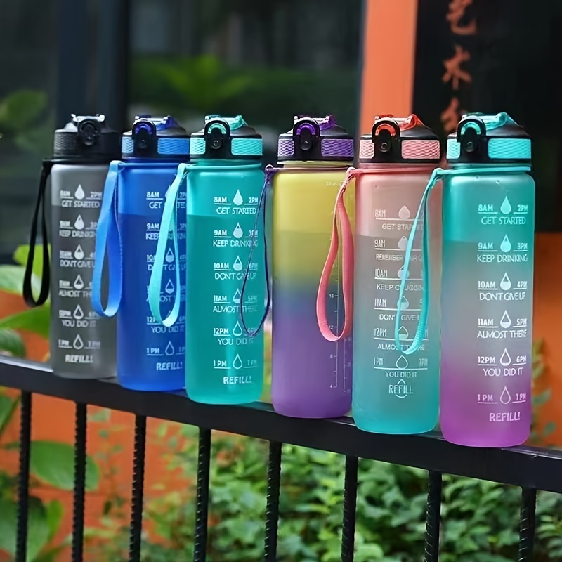 

1pc 1000ml/33.81oz Simple Large Capacity Plastic Water Bottle, Fashion Gradient Color Water Cup With Scale And Straw, Frosted Drinking Cup For Outdoor Sports, Fitness
