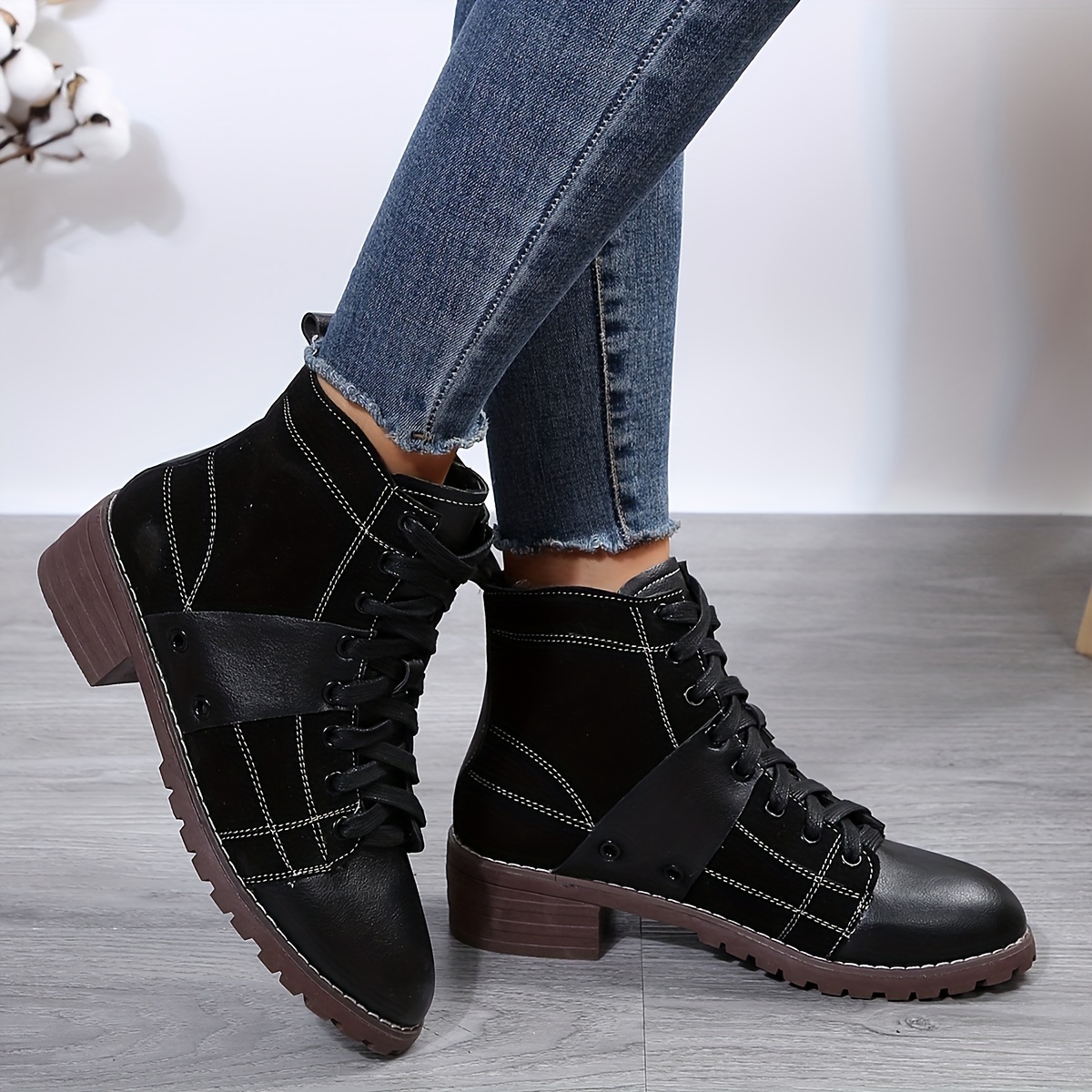 Lace Up Inch Heel Ankle Boots Women's Chunky Heel Short Boots