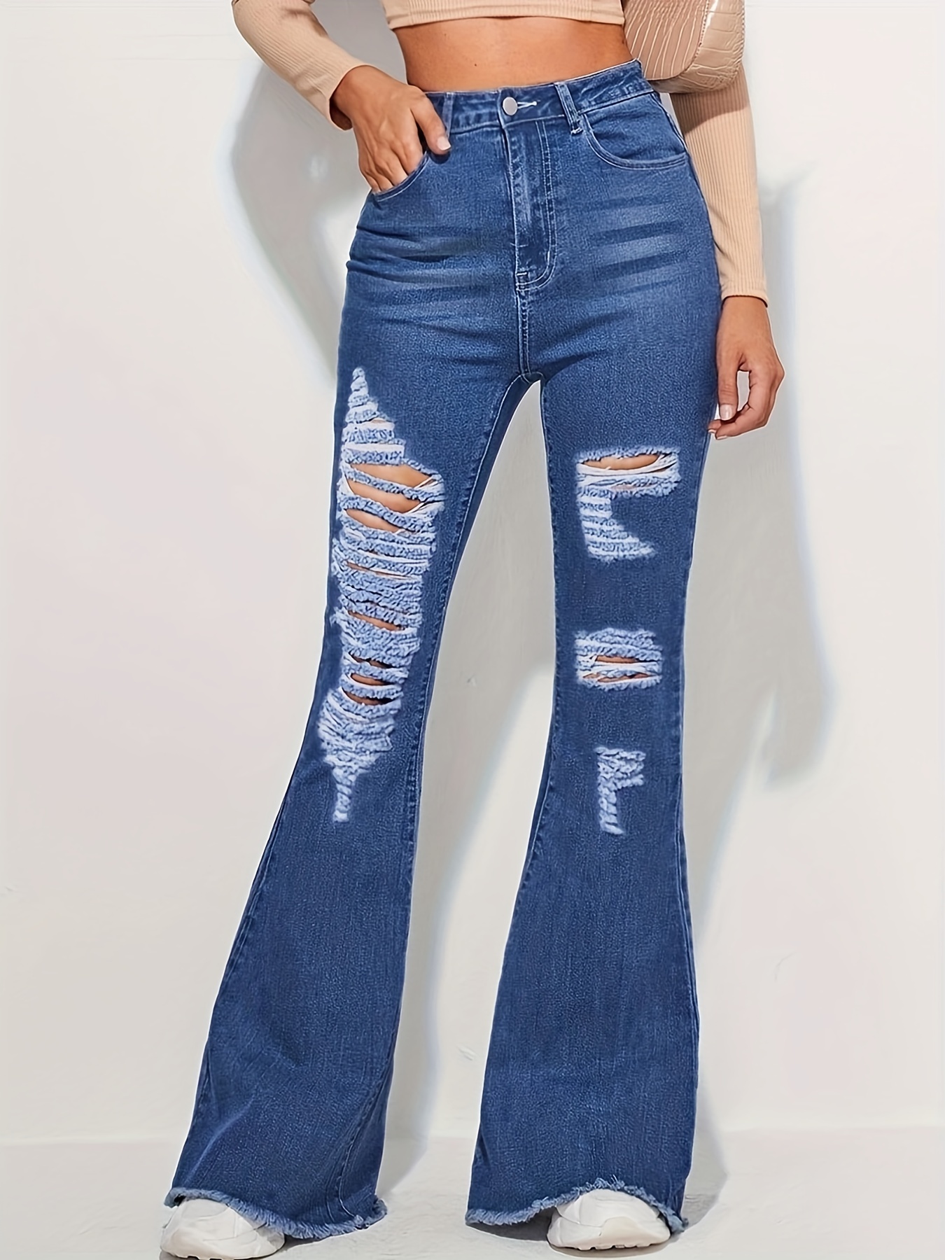 Ripped Hem Stretchy Flare Leg Jeans High Rise Whiskering - Temu Canada