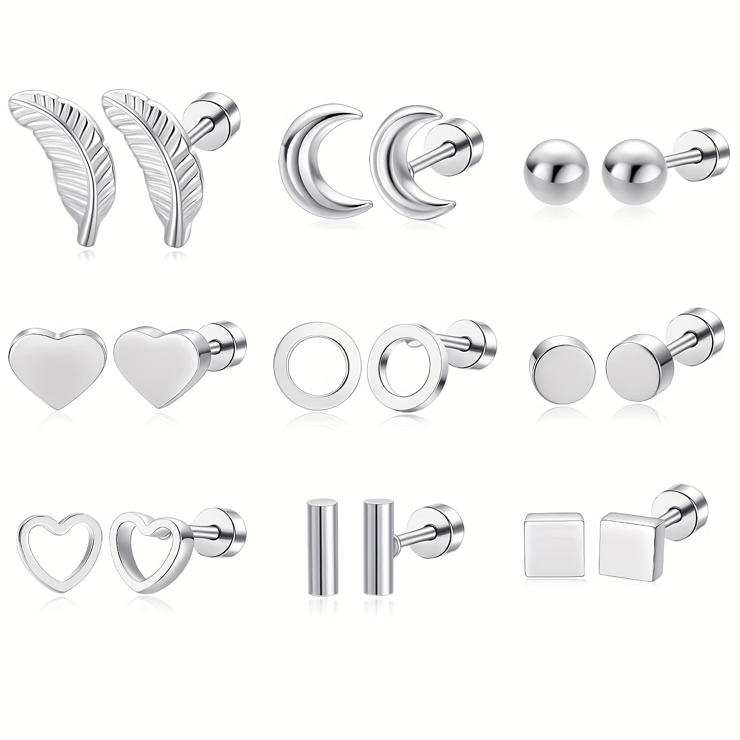 

9 Pairs Leaf Moon Ball Heart Square Round Shape Design Silvery Stud Earrings Elegant Minimalist Style Stainless Steel Jewelry Daily Casual