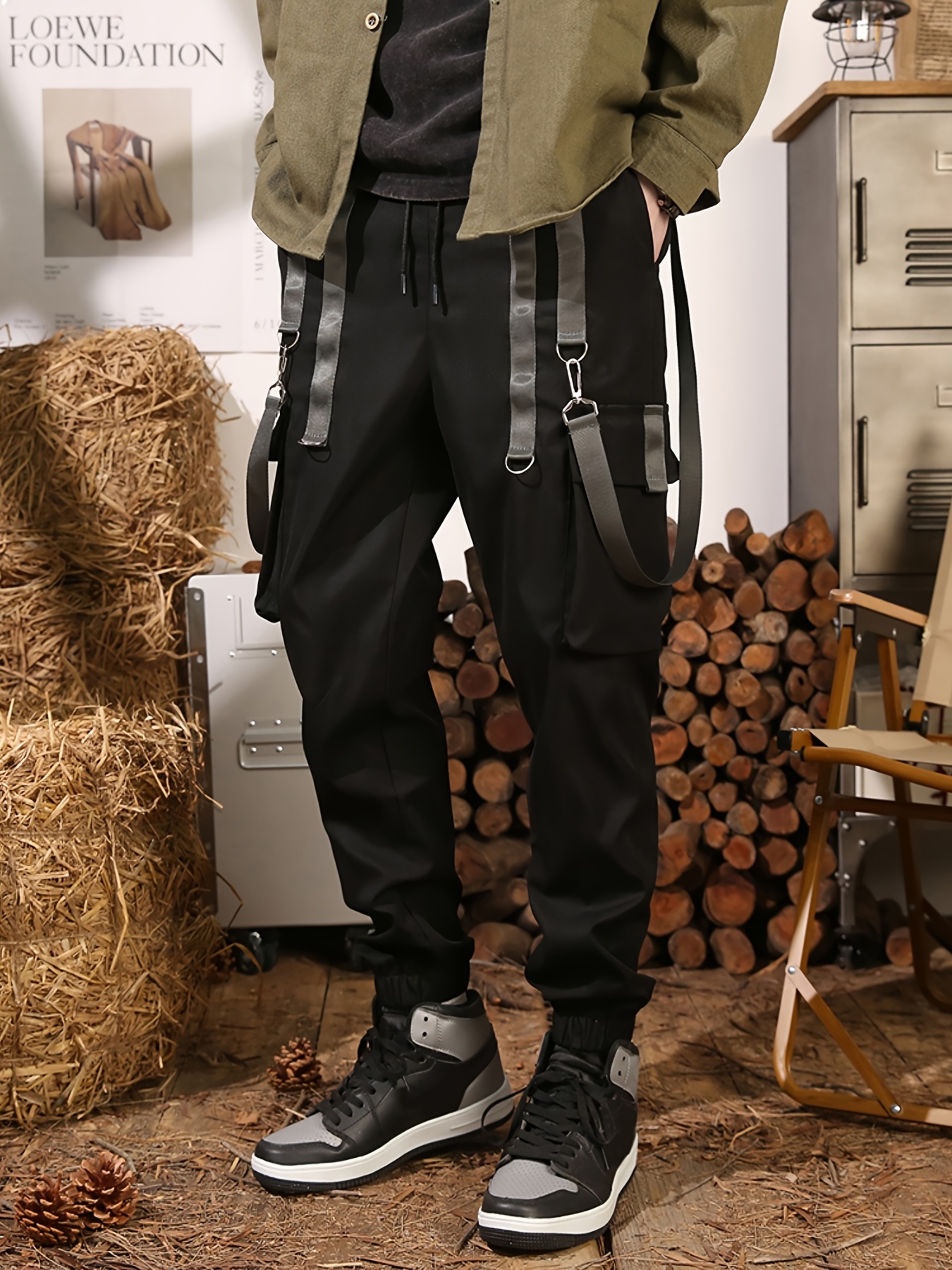 Men's Flap Pocket Cargo Pants Straps - Temu