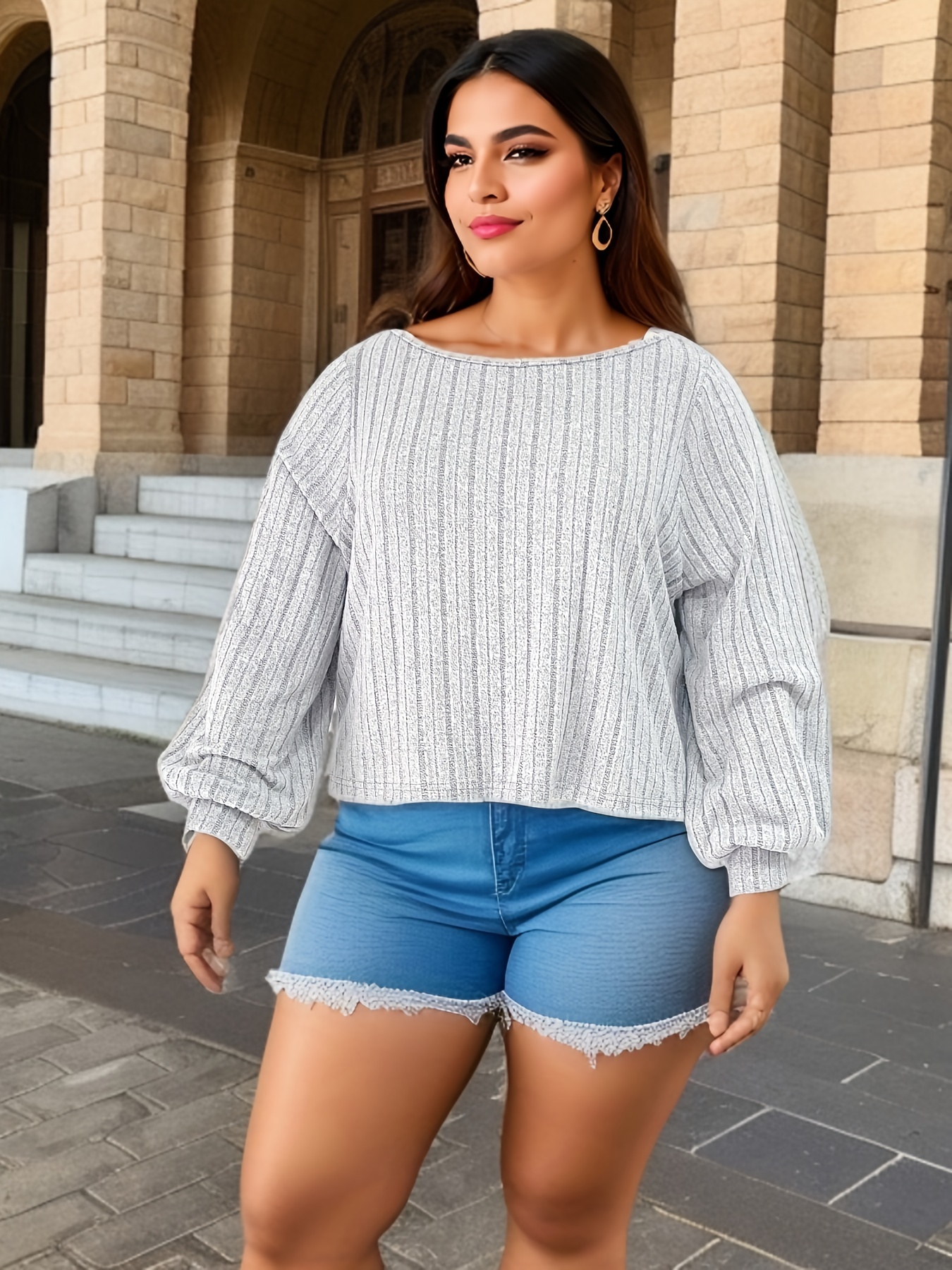 Plus Size Casual Top Mujeres Plus Sólido Manga Linterna - Temu