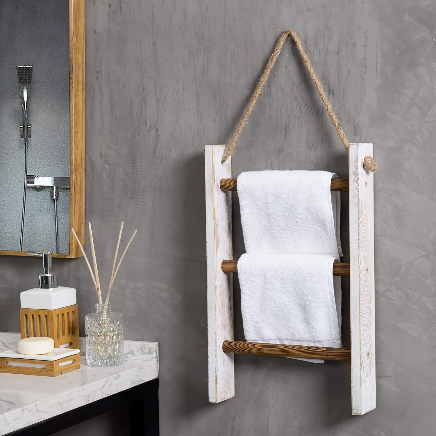 Toalleros para baño, toallero montado en la pared, toallero de metal con  estante de bambú, estante de almacenamiento de toallas de pared para  toallas