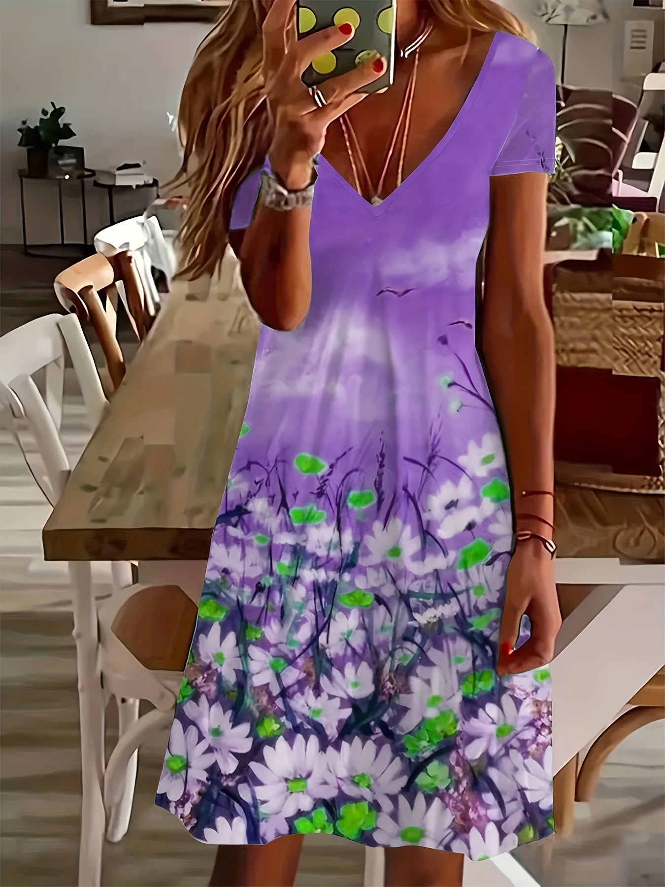 Платье с коротким рукавом с цветочным принтом, повседневное платье-миди с V-образным вырезом, женская одежда