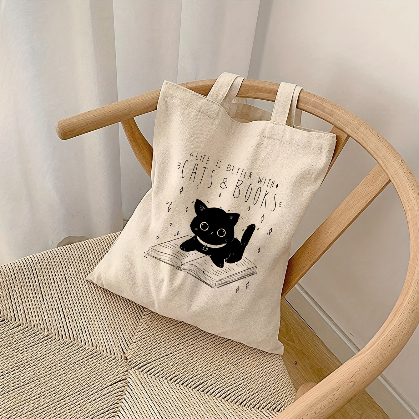 

Cute Cat Print Tote Bag, Literary Book Shoulder Bag, Lightweight Large Shopping Bag