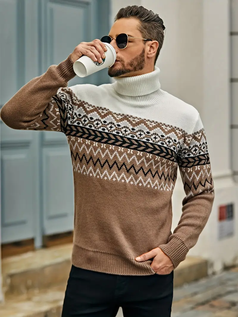 Retro Turtle Neck Knitted Slim Sweater Men's Casual Warm - Temu
