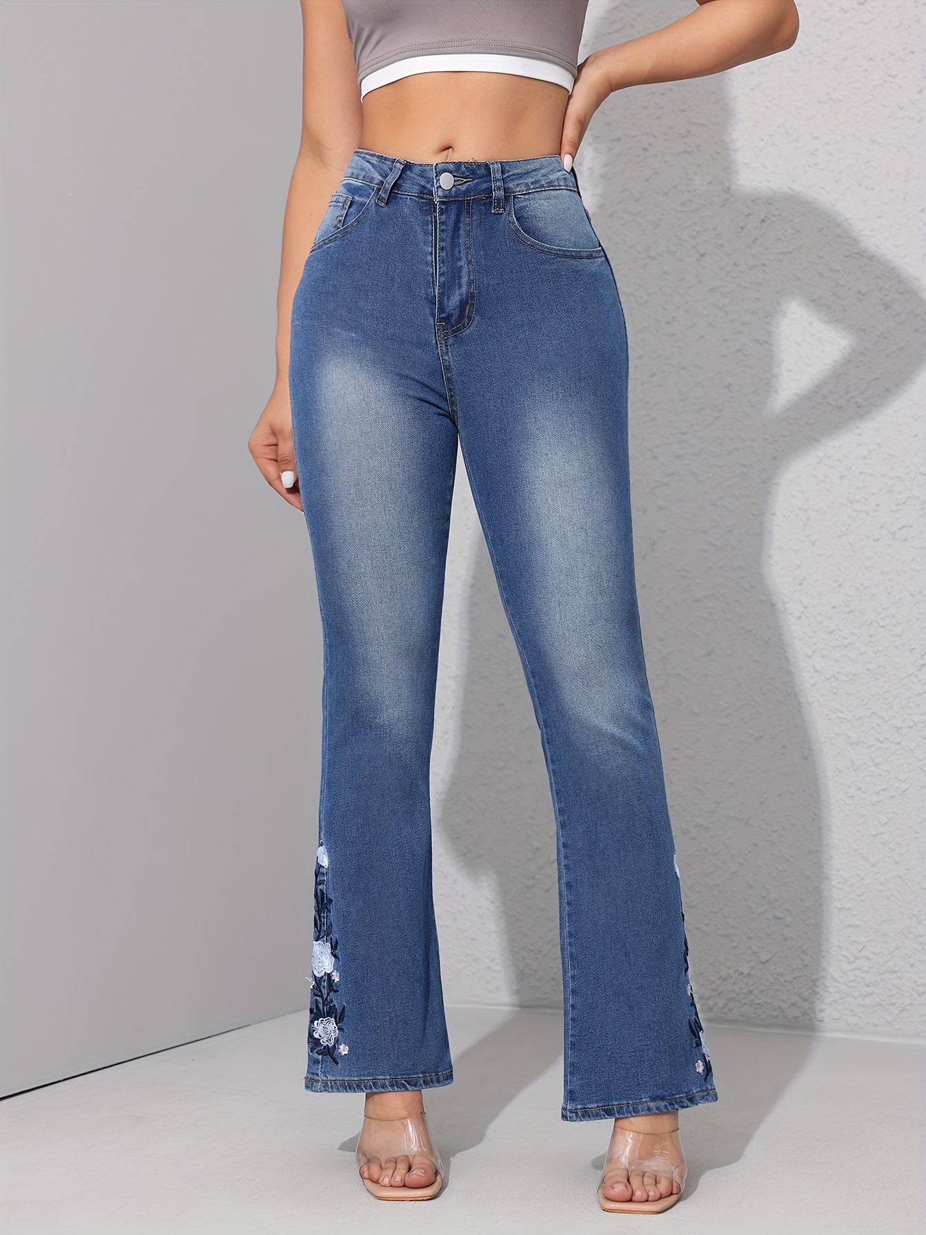 Floral Embroidered Decor Flare Jeans High Stretch Slant - Temu