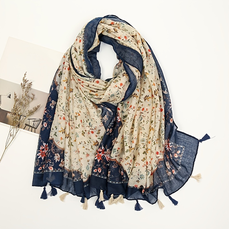 Boho Scarf for Women - Lightweight Floral Printed Scarf with Fall Winter Fashion Fringed Scarves Wraps Shawl