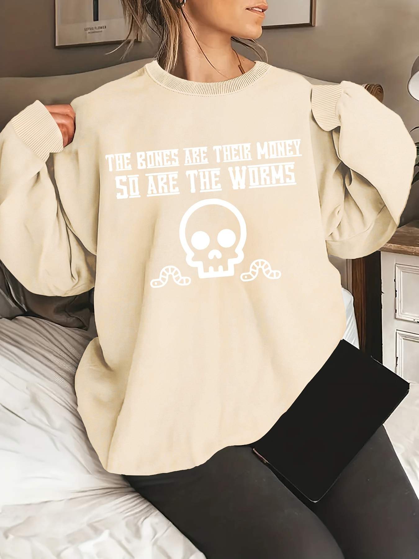 KEKEMI Women's MAMA Letter Graphic Sweatshirt - Loose Fit Crewneck Pullover, Long Sleeve, Apricot, Large