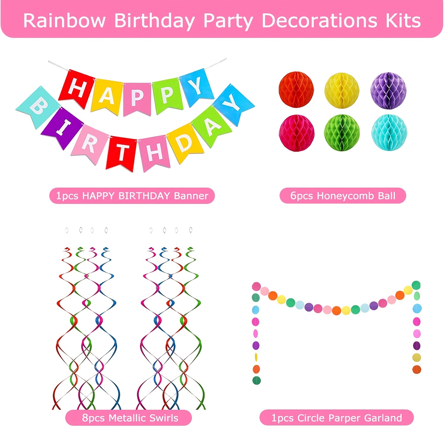 Happy Birthday Banner, Rainbow Birthday Banner, 6 Honeycomb Balls, 8  Metallic Hanging Swirls and Circle Parper Garland, Happy Birthday  Decorations