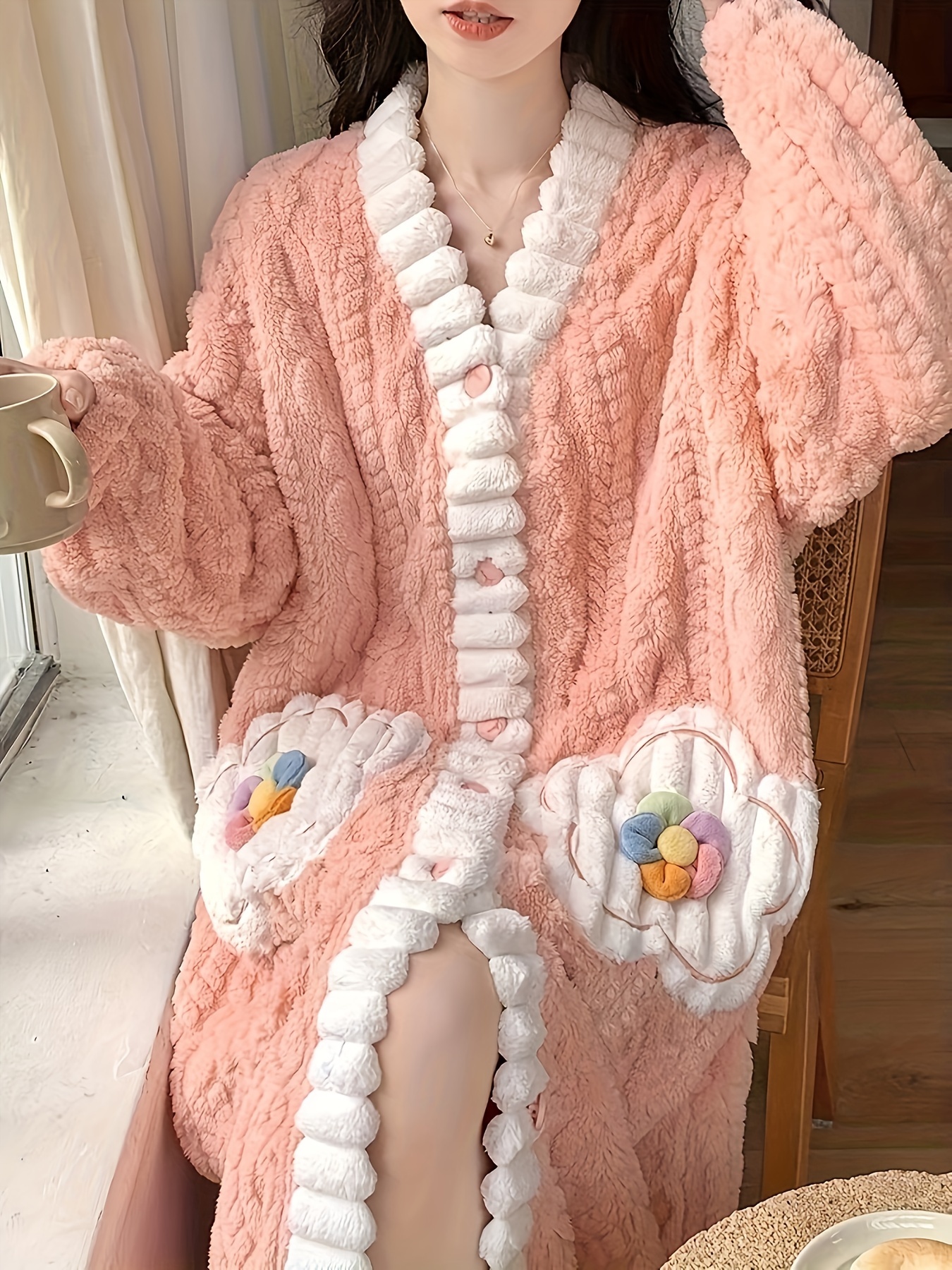 Flower Decor Fuzzy Night Robe Cute Long Sleeve V Neck Robe - Temu
